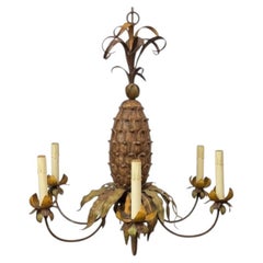 Hollywood Regency Italian Pineapple Painted Tole And Wood Chandelier - 6 Arms