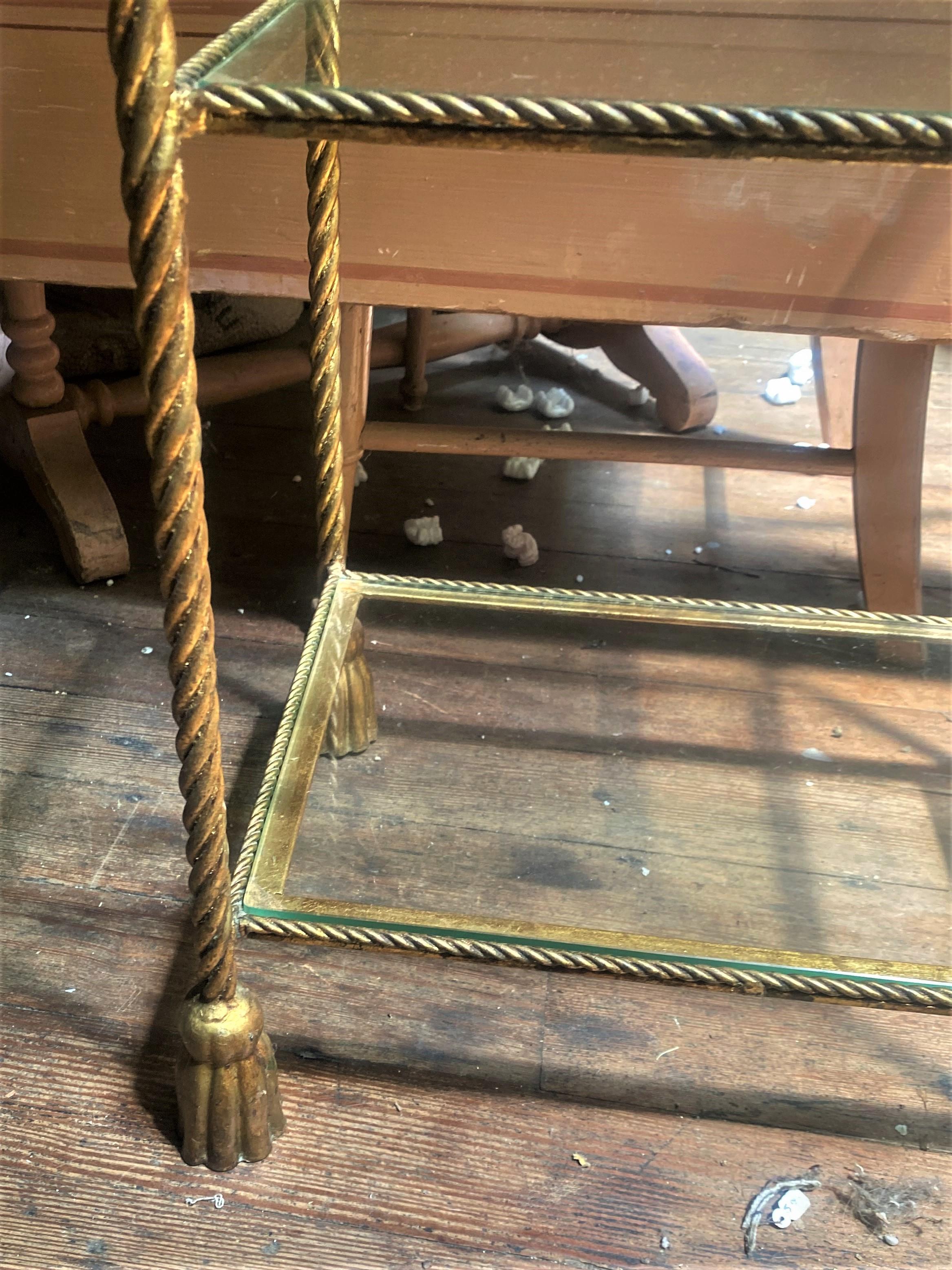 Hollywood Regency Italian Rope Twist & Tassel Gold Metal & Glass Vanity Shelves In Good Condition For Sale In Clifton Forge, VA