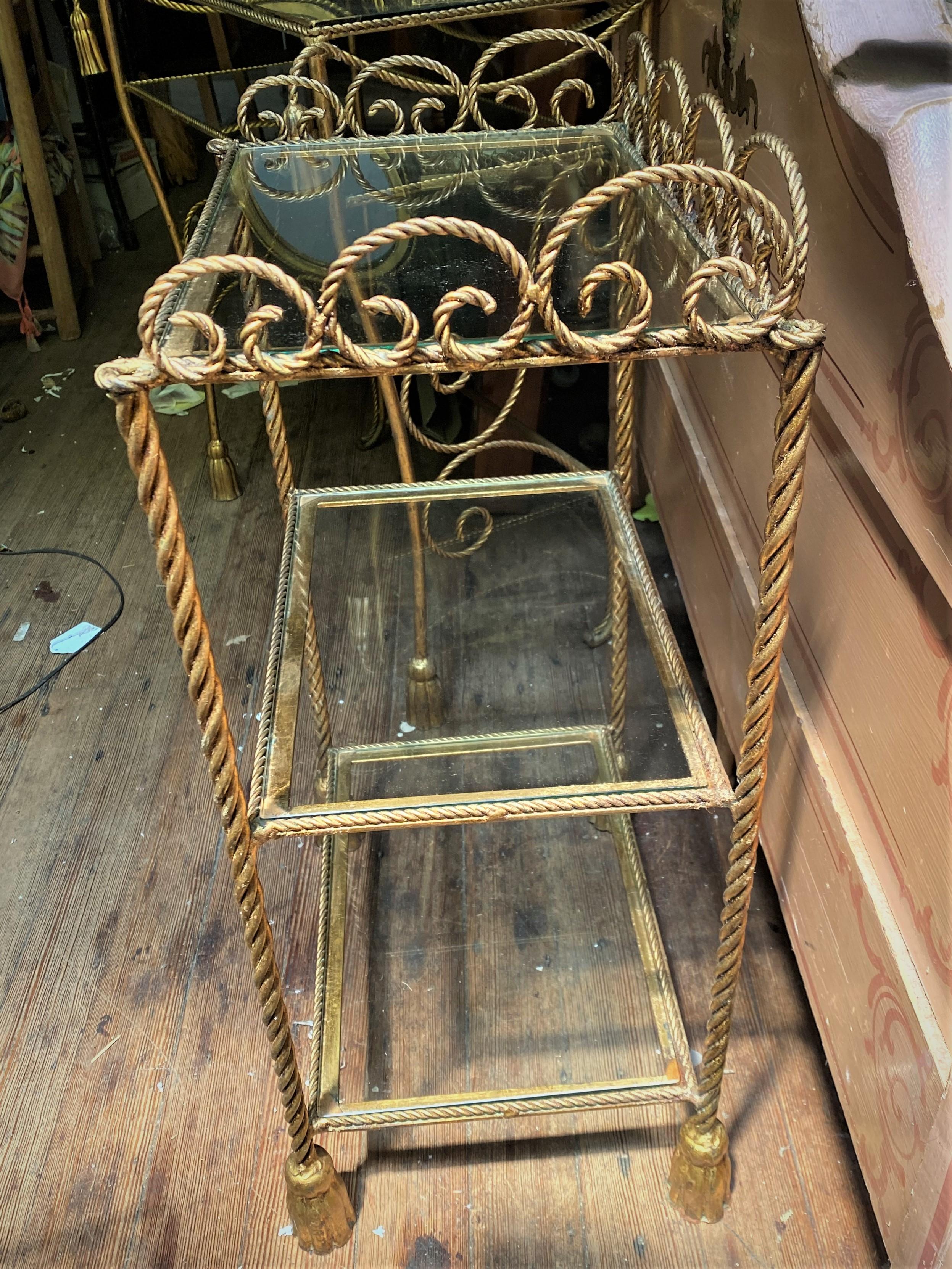 Hollywood Regency Italian Rope Twist & Tassel Gold Metal & Glass Vanity Shelves In Good Condition For Sale In Clifton Forge, VA