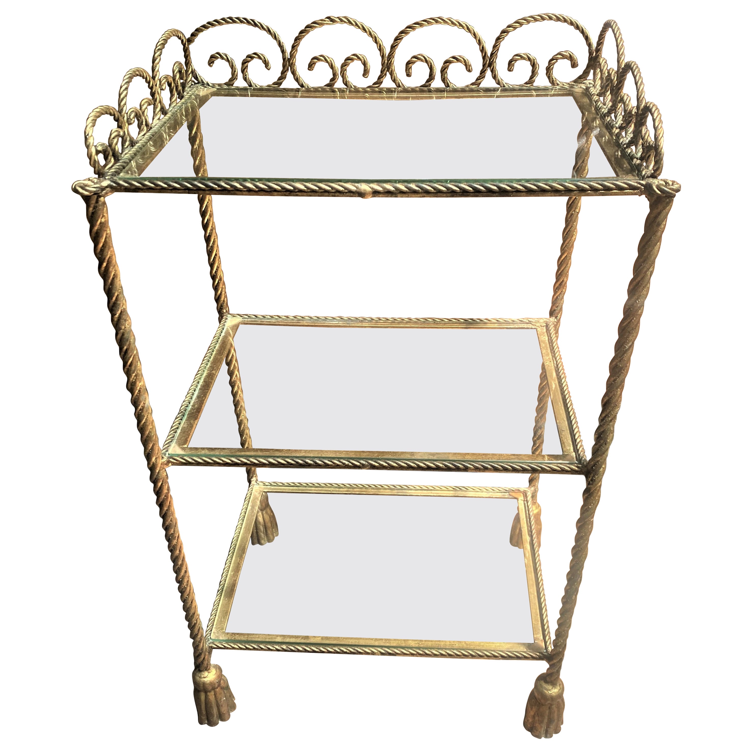 Hollywood Regency Italian Rope Twist & Tassel Gold Metal & Glass Vanity Shelves