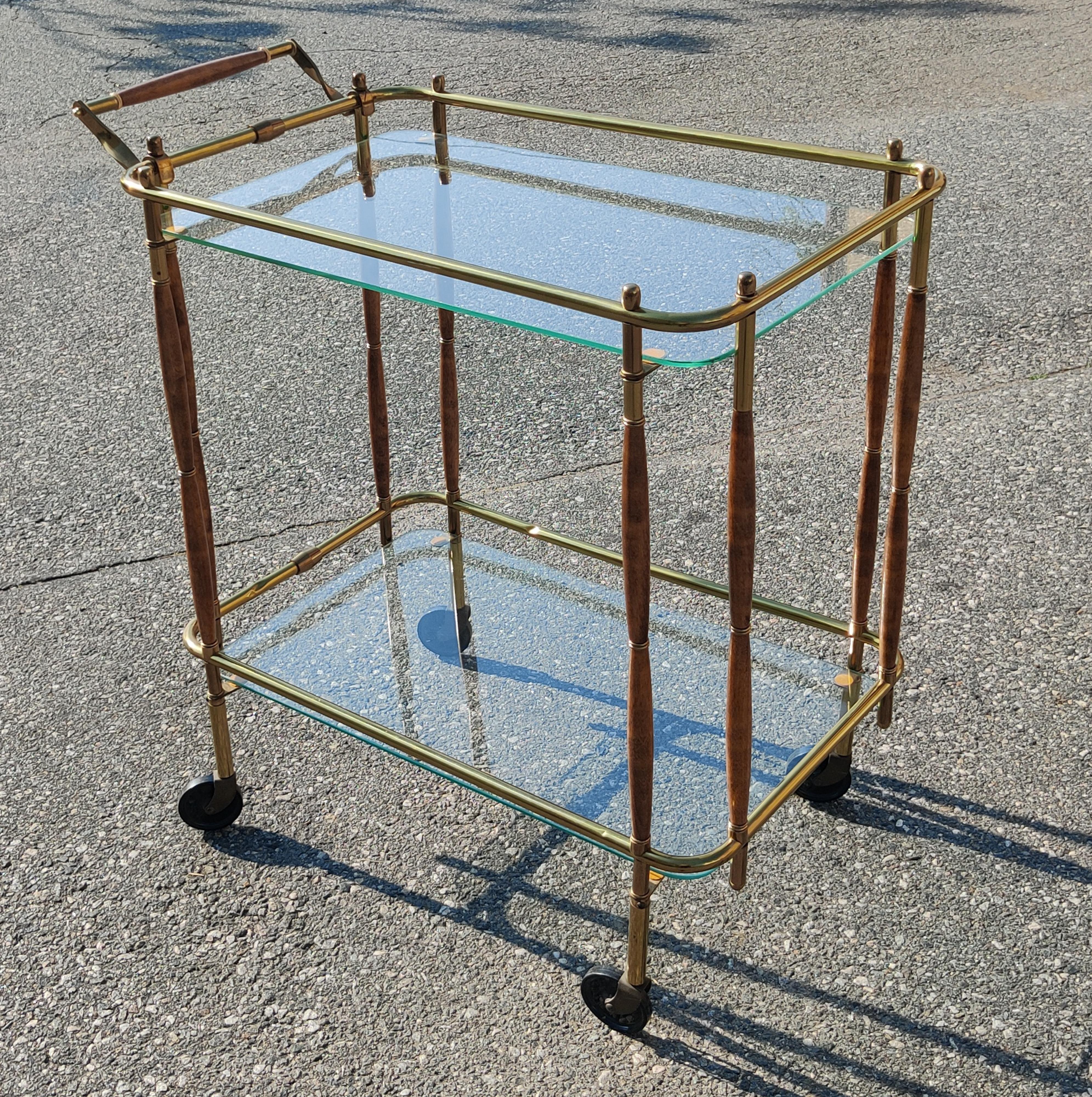 American Hollywood Regency Italian Style Brass Walnut Glass Tiered Bar Cart 1960s  For Sale