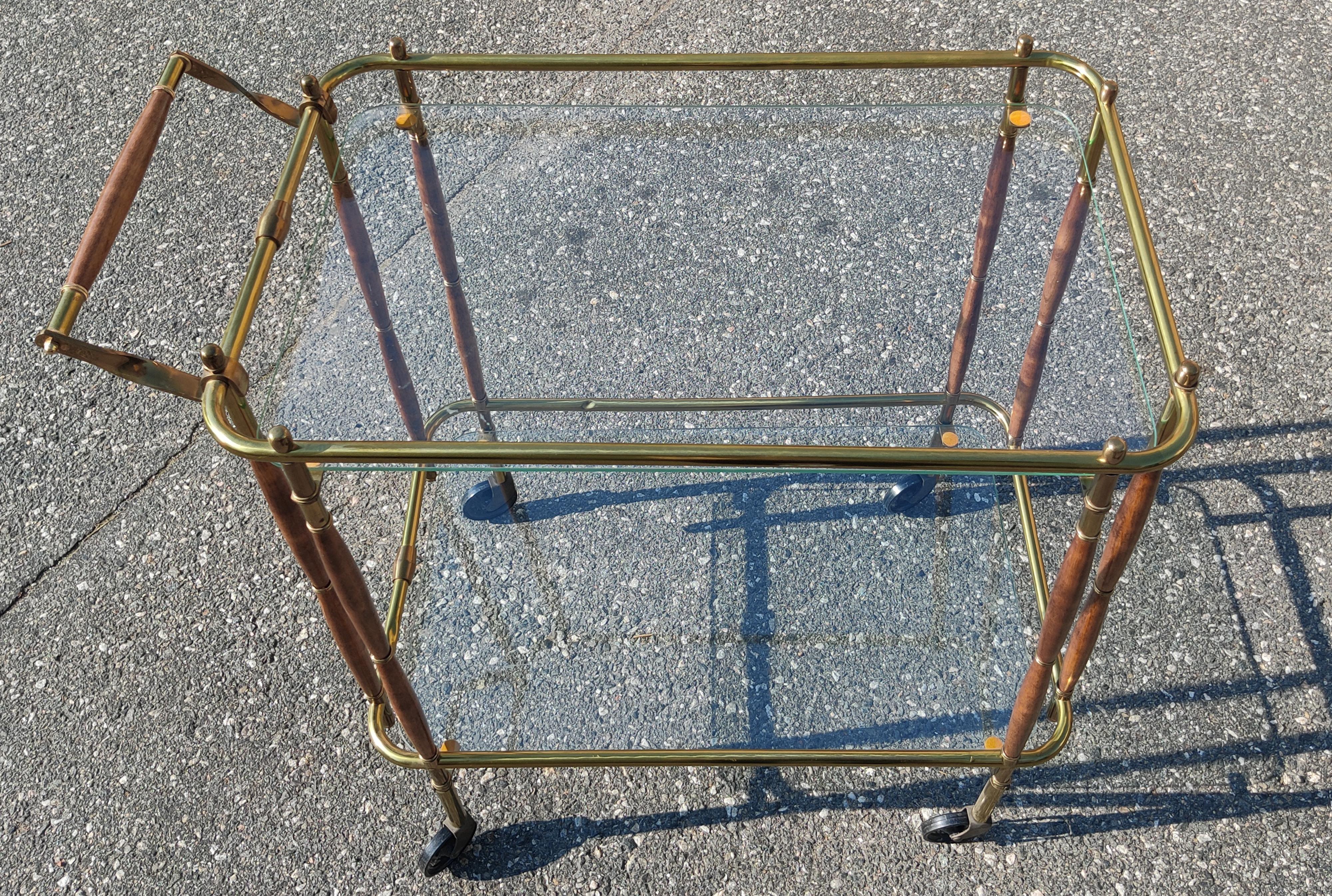 Turned Hollywood Regency Italian Style Brass Walnut Glass Tiered Bar Cart 1960s  For Sale