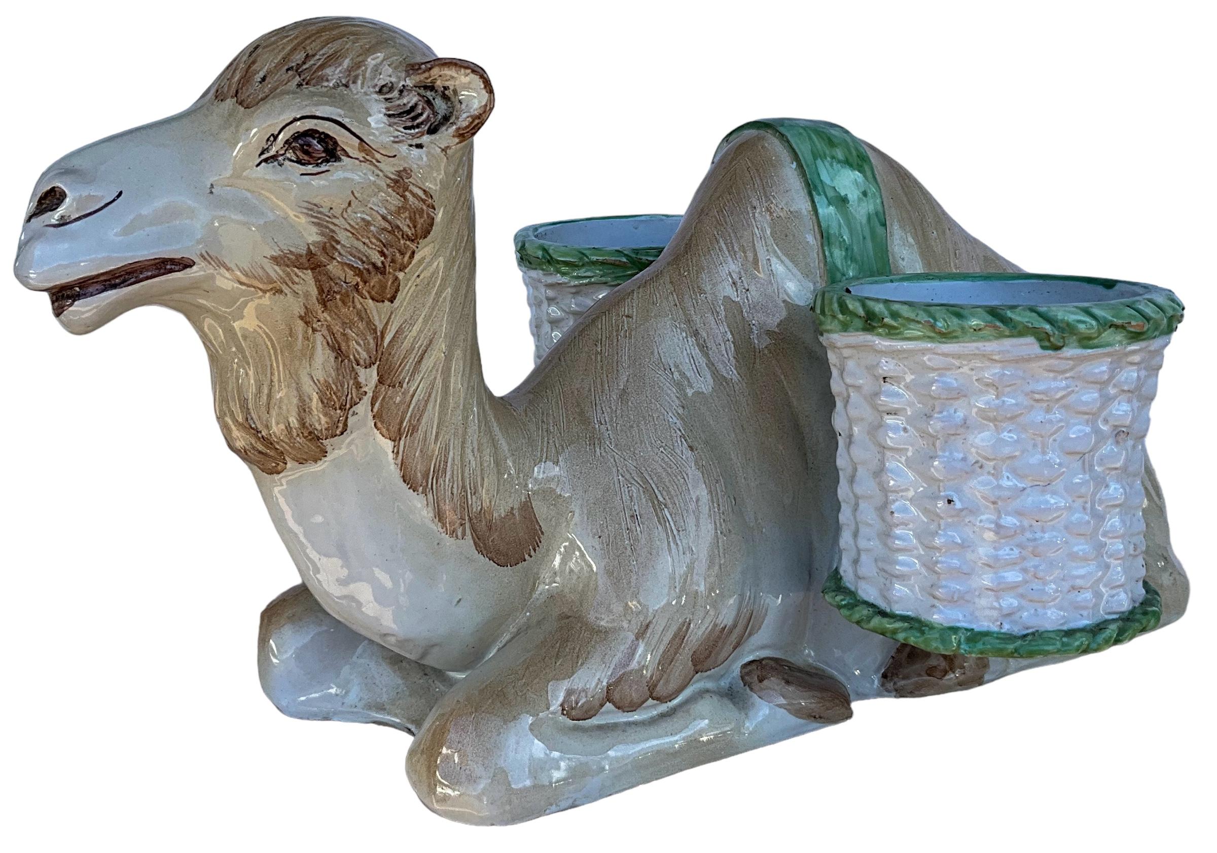 Hollywood Regency Italian Terracotta Camel Form Majolica Cachepot / Planter For Sale 2