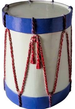 Table d'appoint Hollywood Regency Italian Terracotta Drum Form Red White Blue Side Table