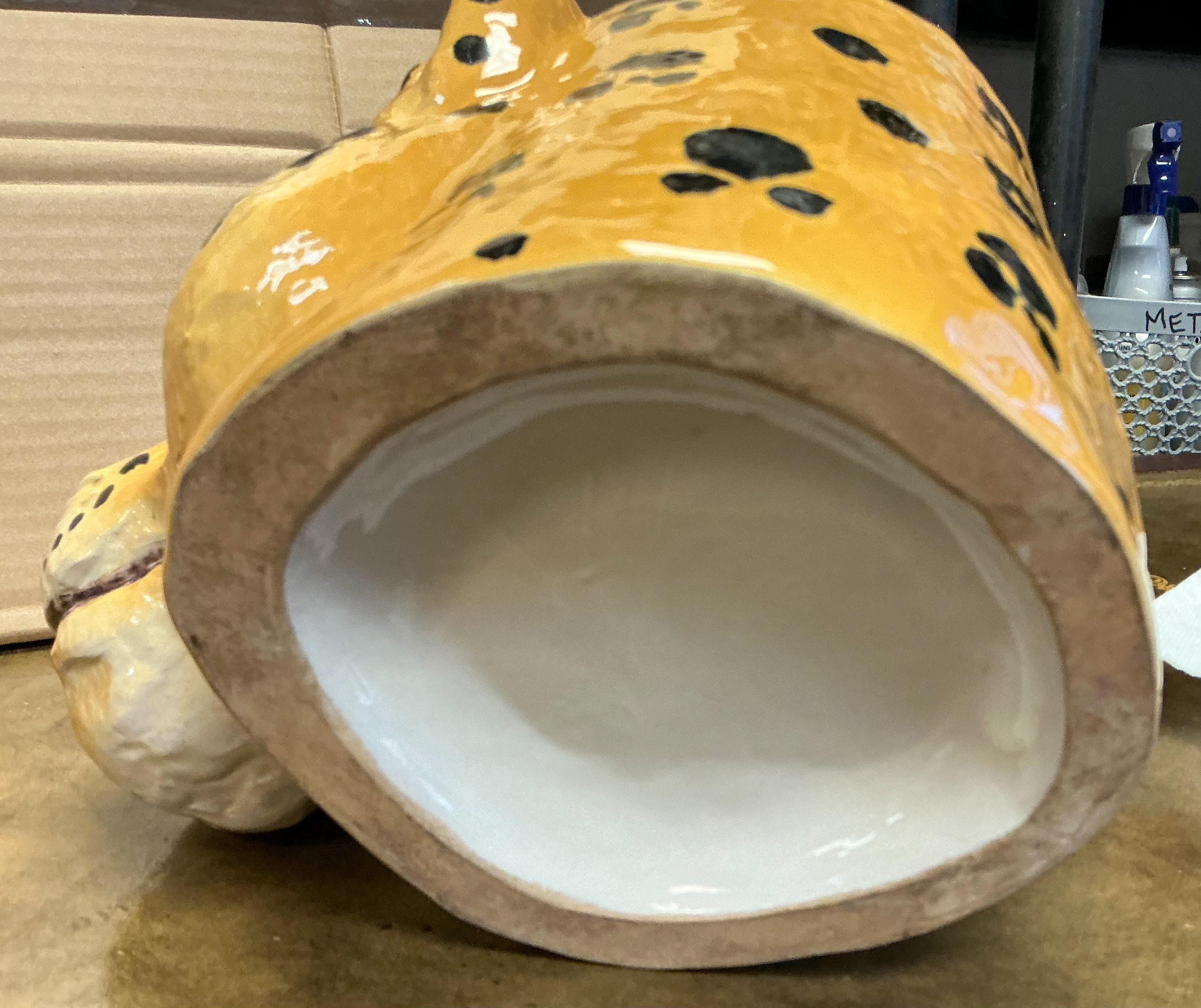 20th Century Hollywood Regency Italian Terracotta Majolica Glazed Leopard Planter / Cachepot