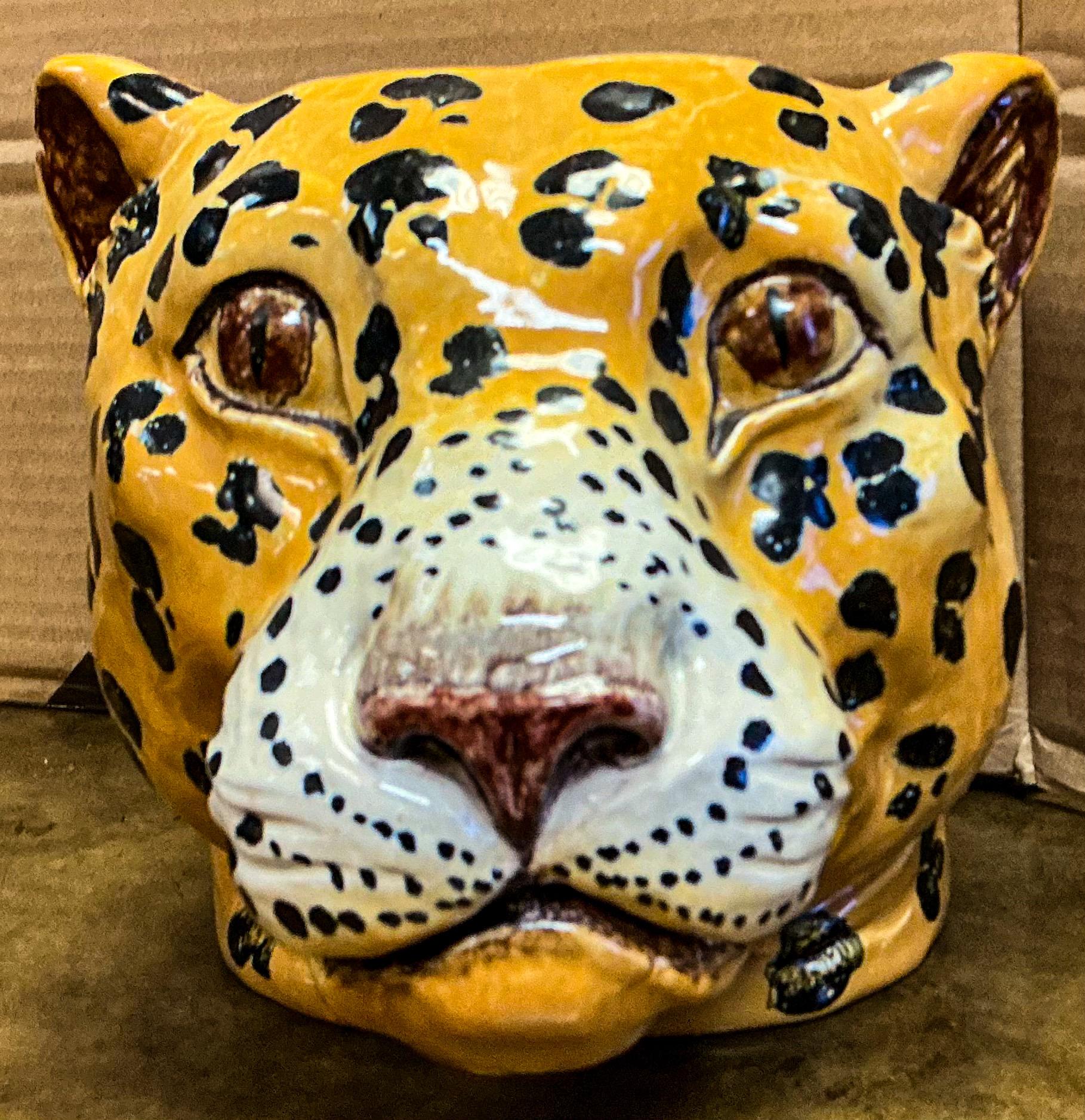 Hollywood Regency Italian Terracotta Majolica Glazed Leopard Planter / Cachepot 1