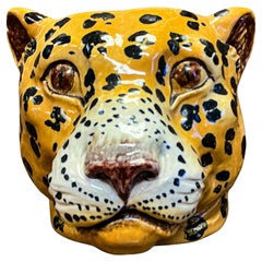 Hollywood Regency Italian Terracotta Majolica Glazed Leopard Planter / Cachepot