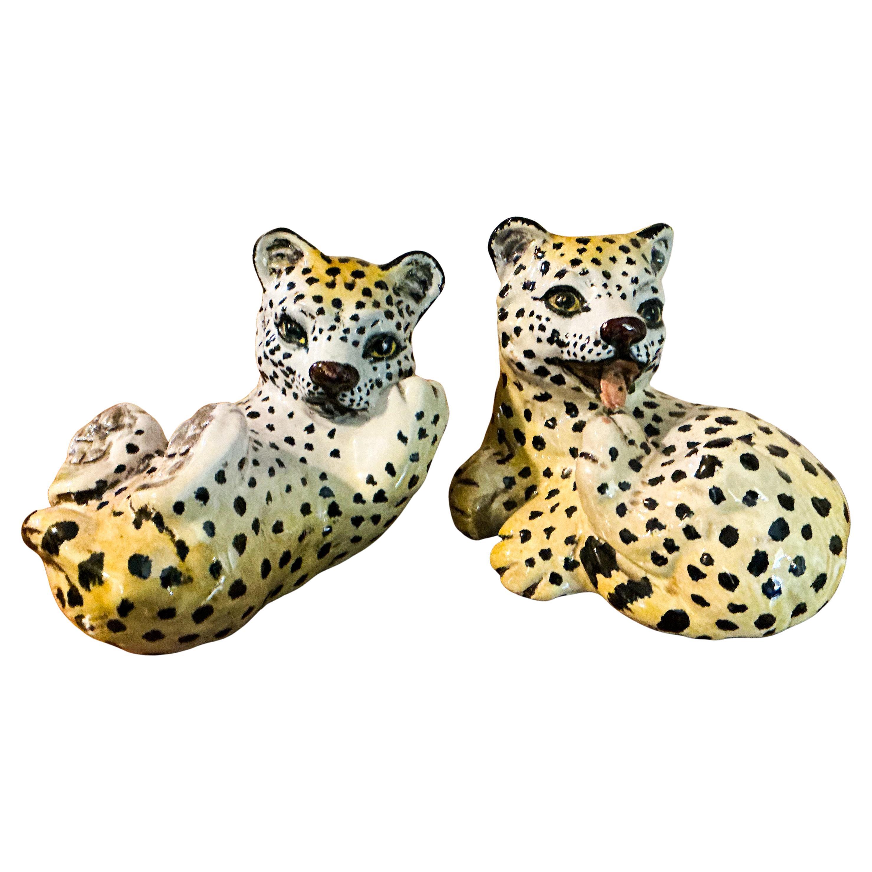 Hollywood Regency Italian Terracotta Majolica Leopard Cubs Jungle Cat -S/2
