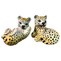 Hollywood Regency Terracotta Italiana Maiolica Leopard Cubs Jungling Cat -S/2