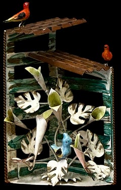 Hollywood Regency Italian Tole Metal Bluebird Birdhouse Sculpture W/ Flowers