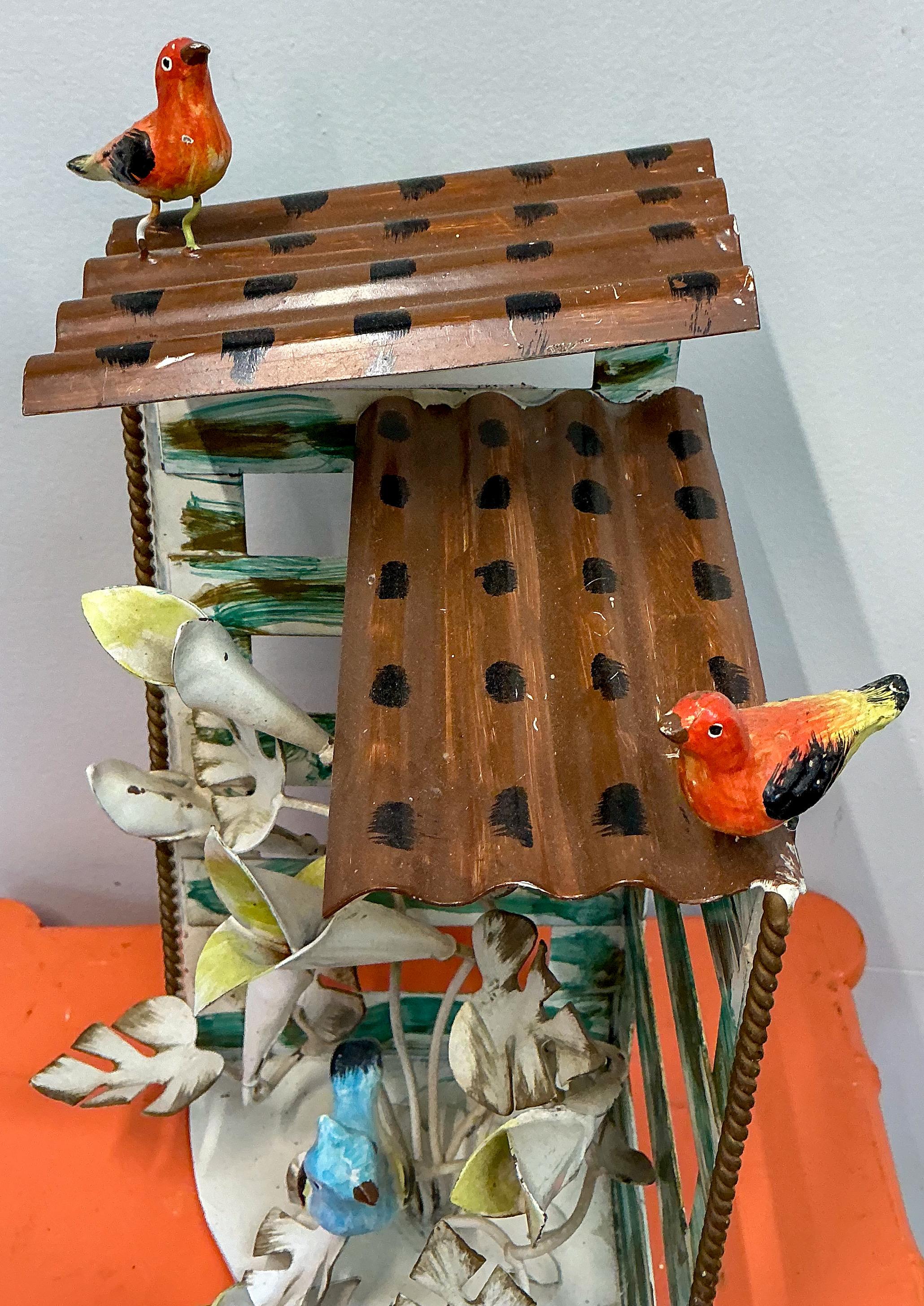 Hollywood Regency Italian Tole Metal Bluebird Birdhouse Sculpture W/ Flowers In Good Condition For Sale In Kennesaw, GA
