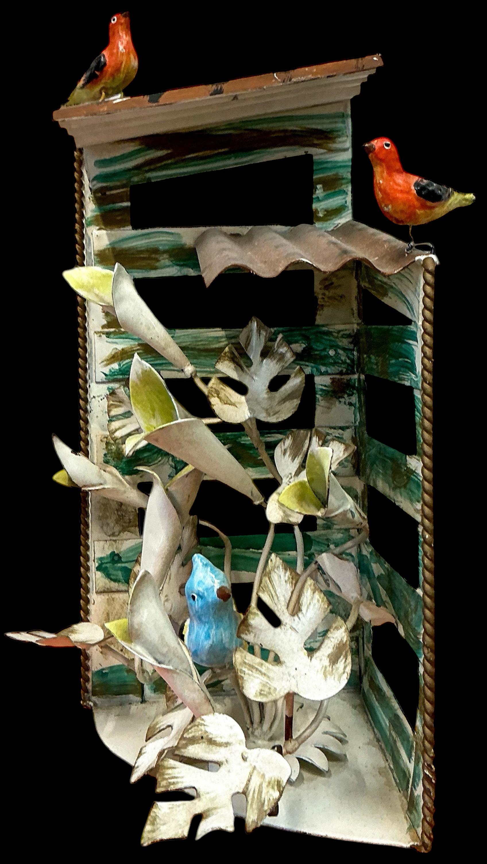 Hollywood Regency Italian Tole Metal Bluebird Birdhouse Sculpture W/ Flowers For Sale 1
