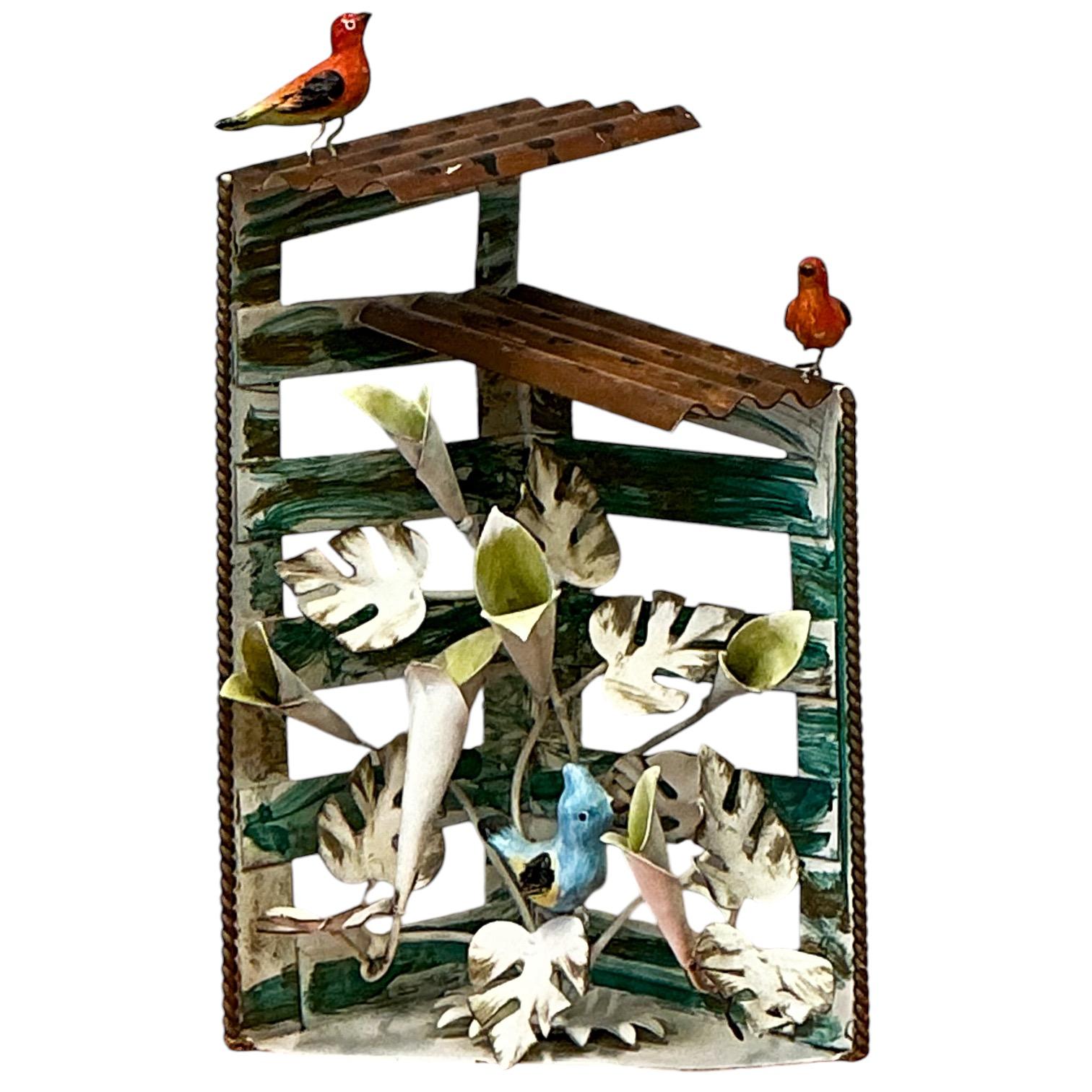 Hollywood Regency Italian Tole Metal Bluebird Birdhouse Sculpture W/ Flowers For Sale 2