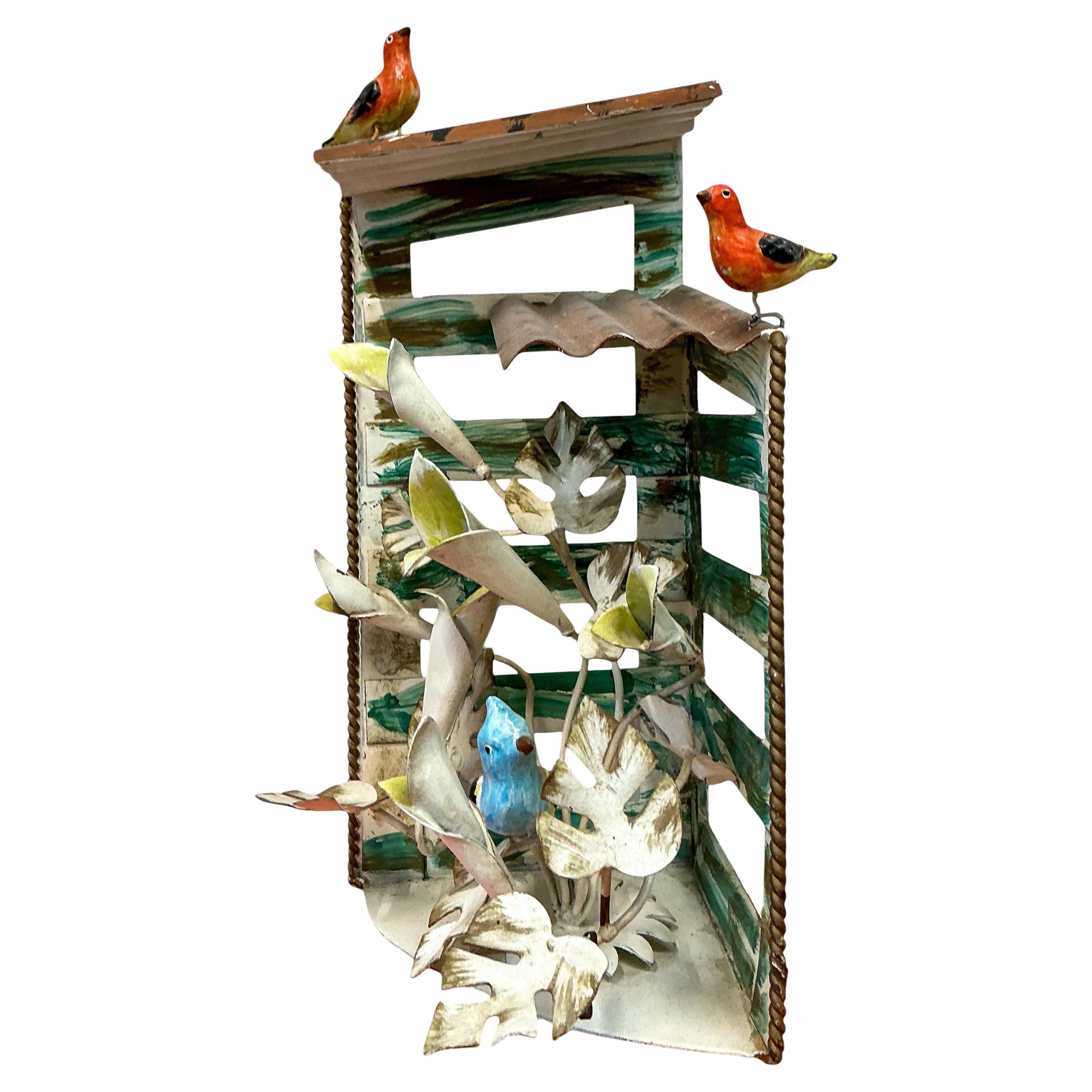 Hollywood Regency Italian Tole Metal Bluebird Birdhouse Sculpture W/ Flowers