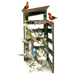 Hollywood Regency Italian Tole Metal Bluebird Birdhouse Sculpture W/ Flowers