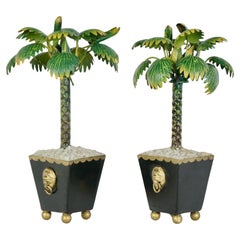 Vintage Hollywood Regency Italian Tole Palm Tree Candlesticks In Planters - Pair 