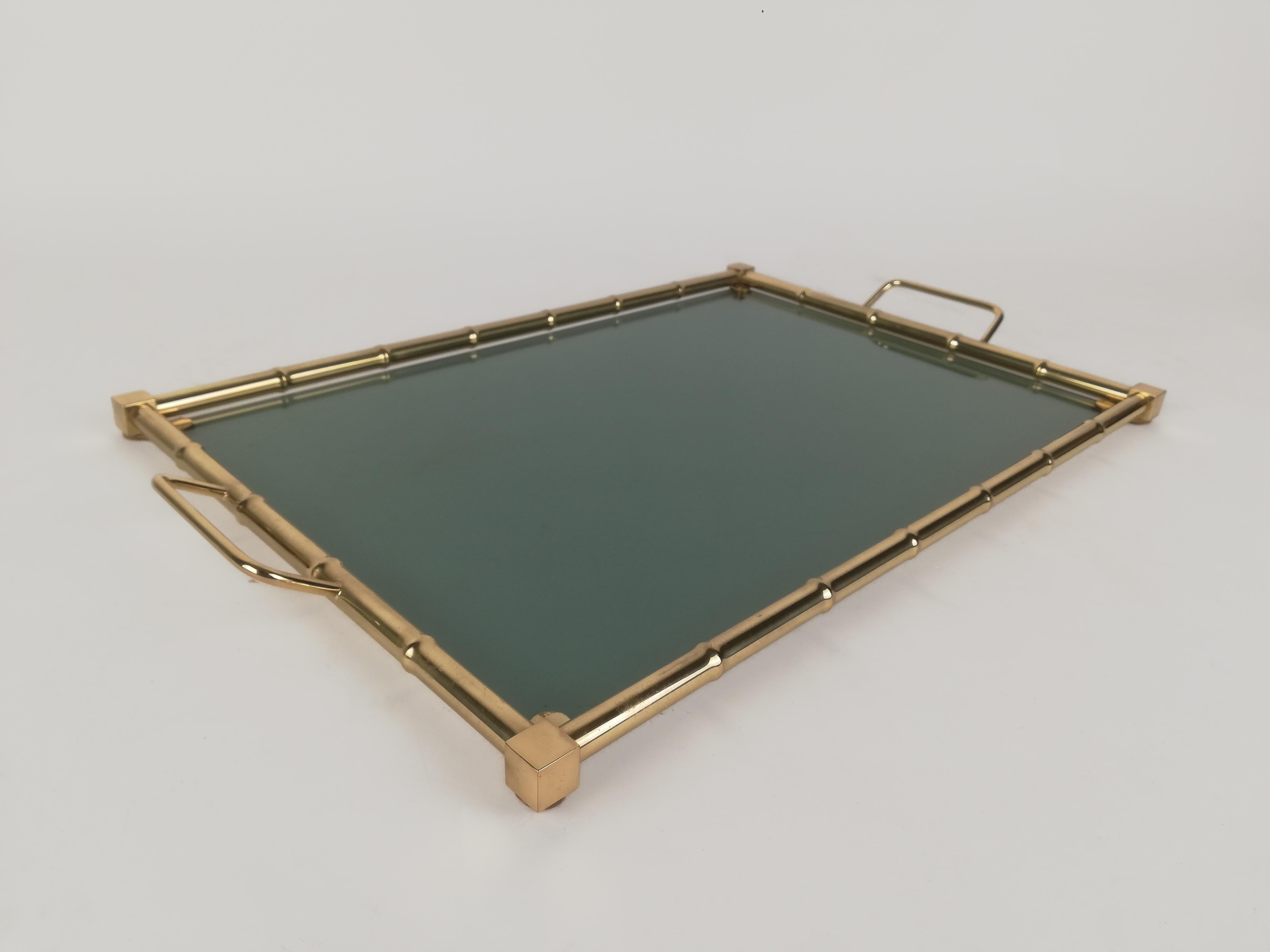 Hollywood Regency Italian Tray in Brass Faux Bamboo and Fumè Glass, 1970s For Sale 11