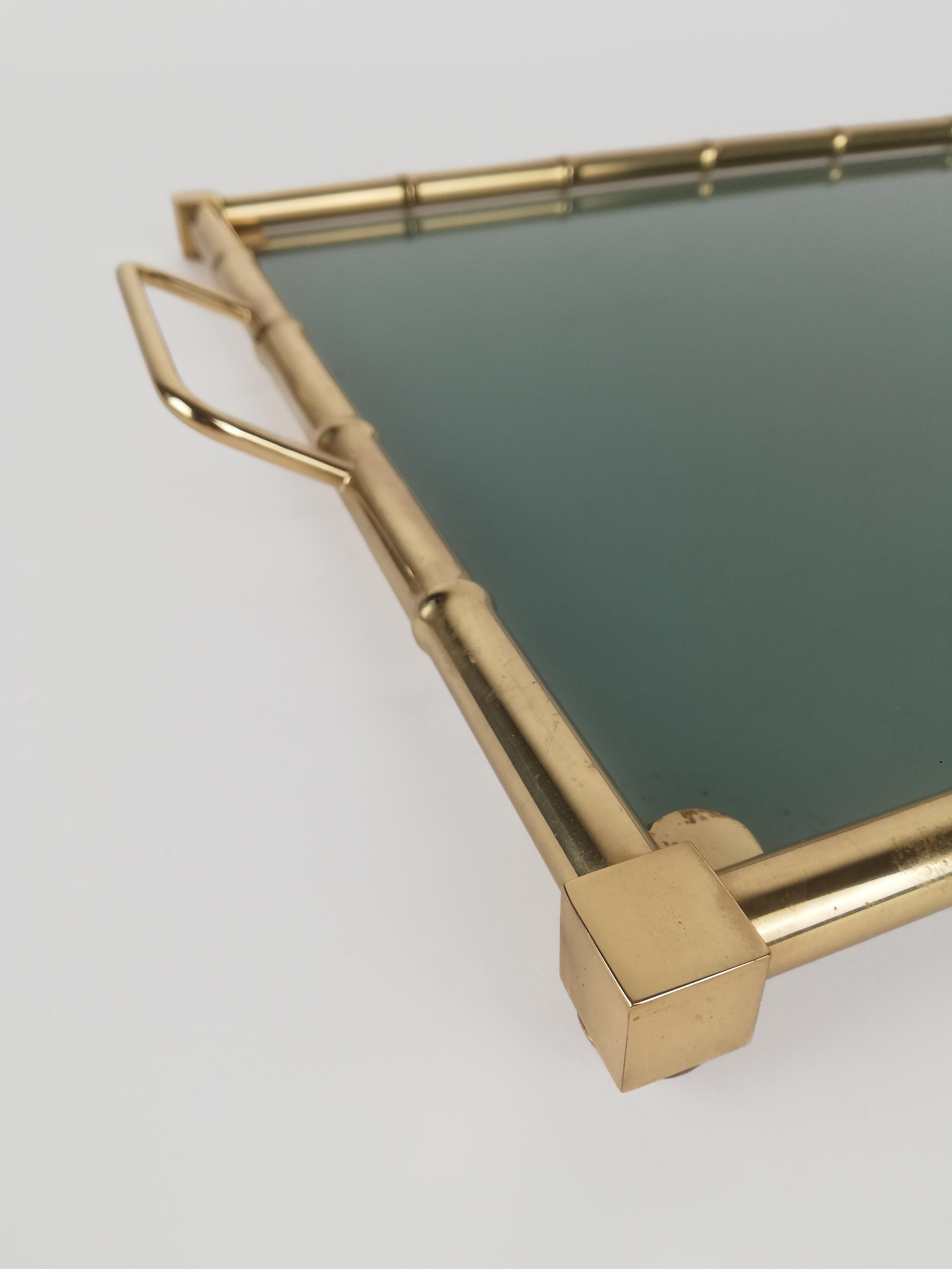 Hollywood Regency Italian Tray in Brass Faux Bamboo and Fumè Glass, 1970s For Sale 12