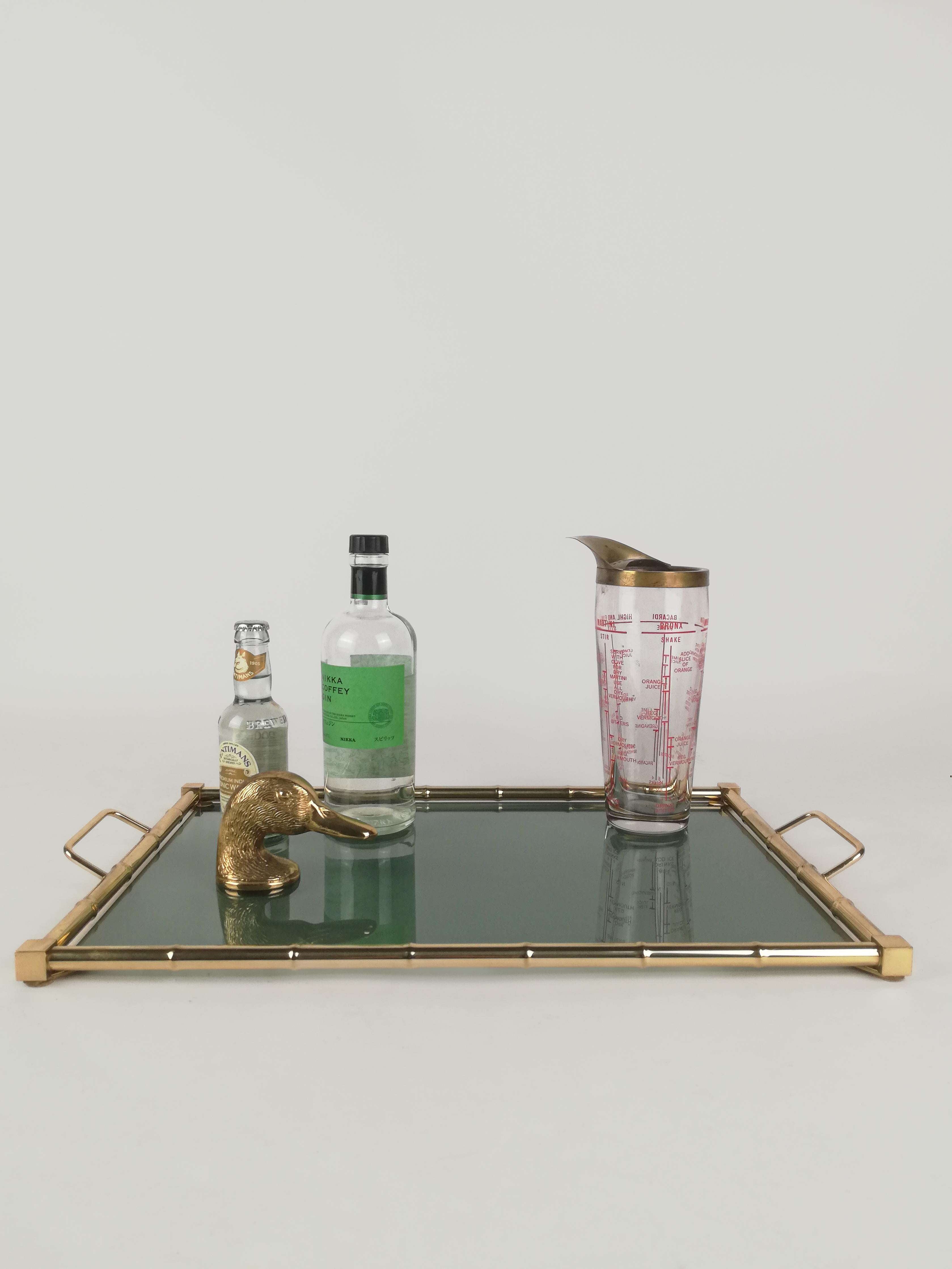 Hollywood Regency Italian Tray in Brass Faux Bamboo and Fumè Glass, 1970s In Good Condition For Sale In Roma, IT