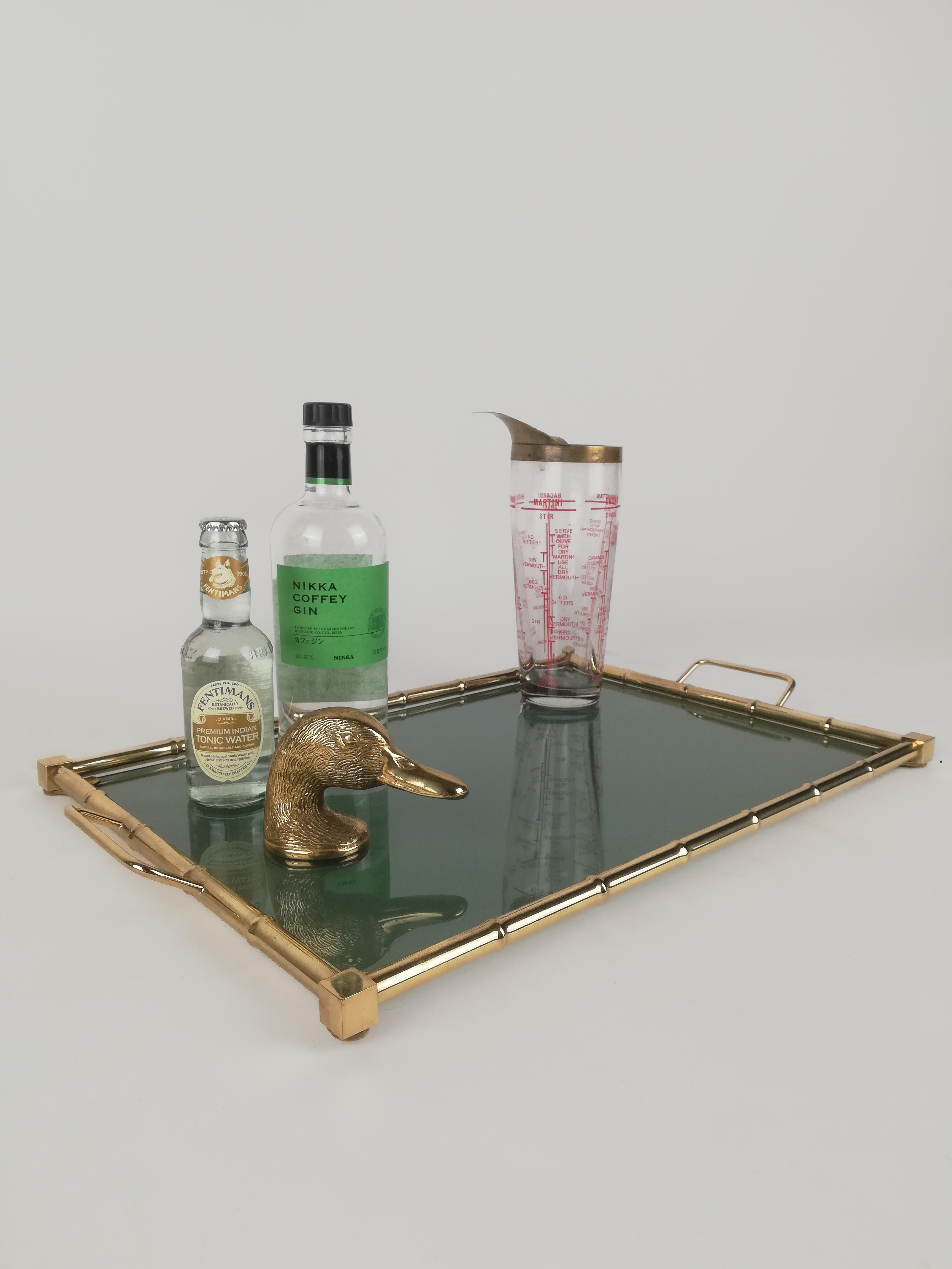 20th Century Hollywood Regency Italian Tray in Brass Faux Bamboo and Fumè Glass, 1970s For Sale
