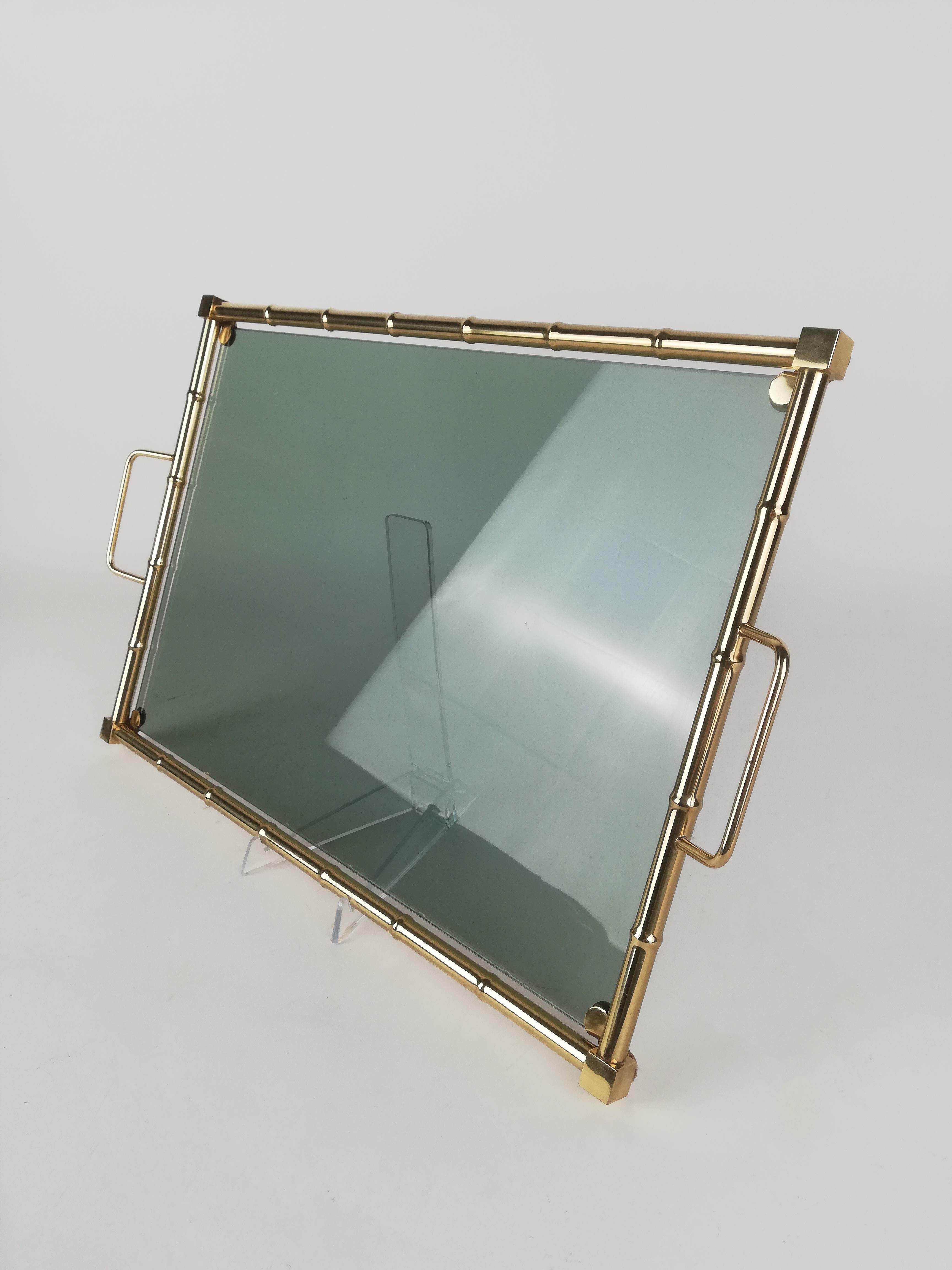 Hollywood Regency Italian Tray in Brass Faux Bamboo and Fumè Glass, 1970s For Sale 2