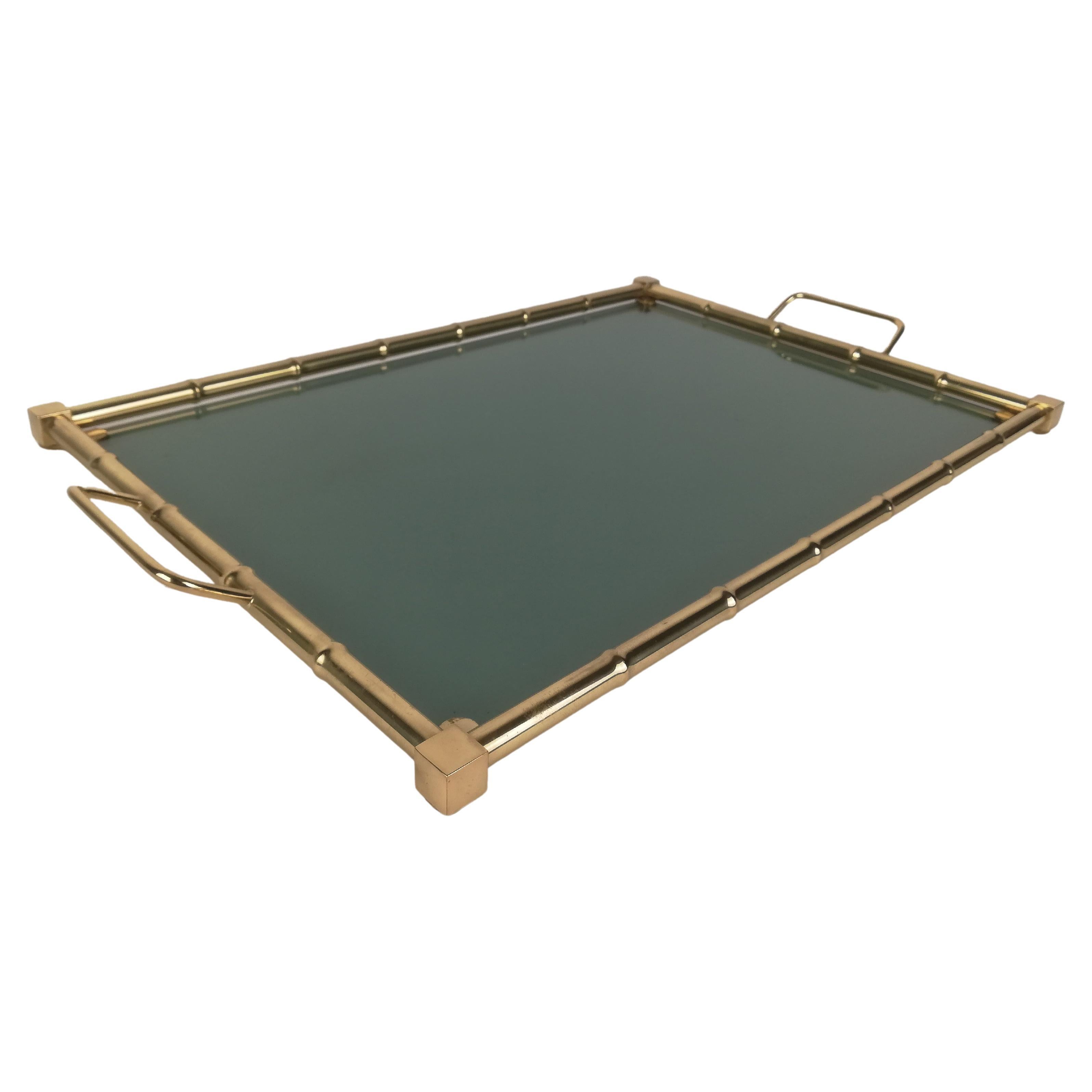 Hollywood Regency Italian Tray in Brass Faux Bamboo and Fumè Glass, 1970s For Sale