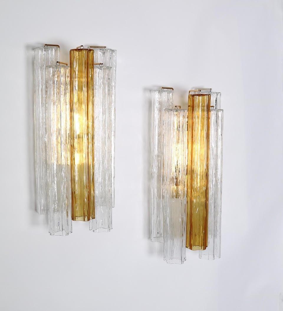 Hollywood Regency Italian Venini Tronchi Glass Sconce in Clear and Amber Glass 2