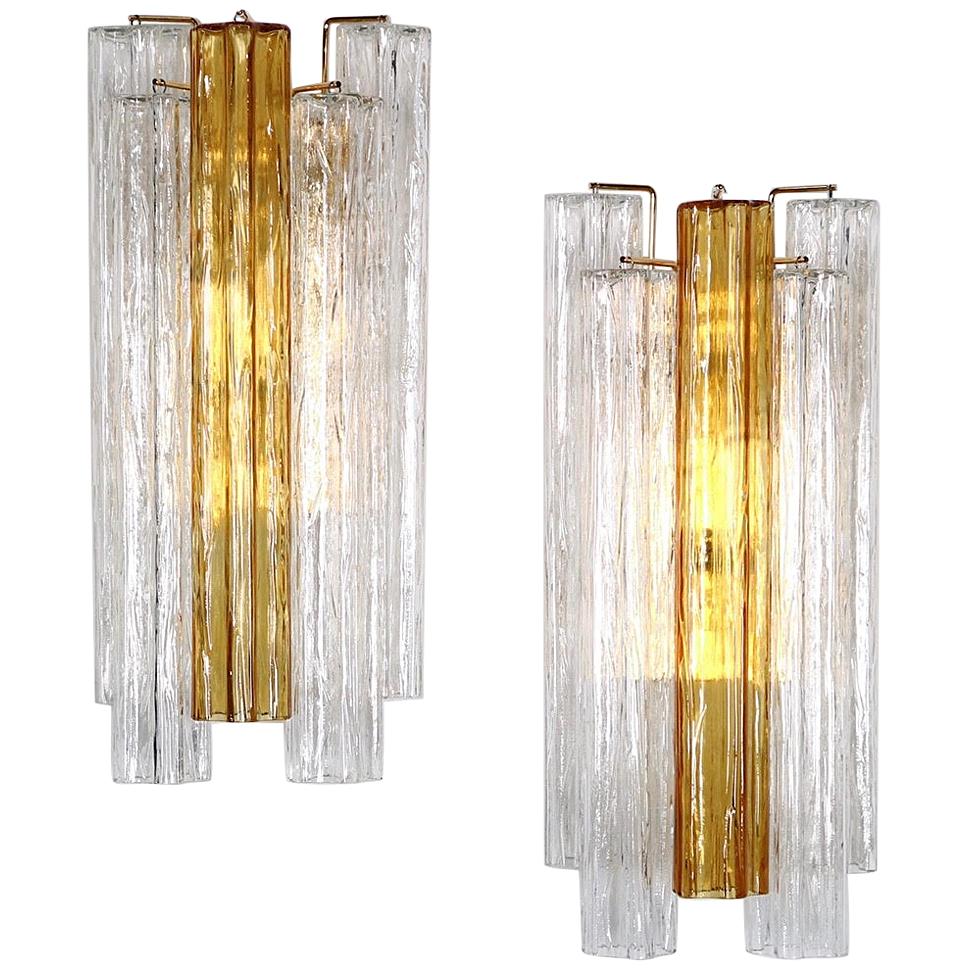 Hollywood Regency Italian Venini Tronchi Glass Sconce in Clear and Amber Glass