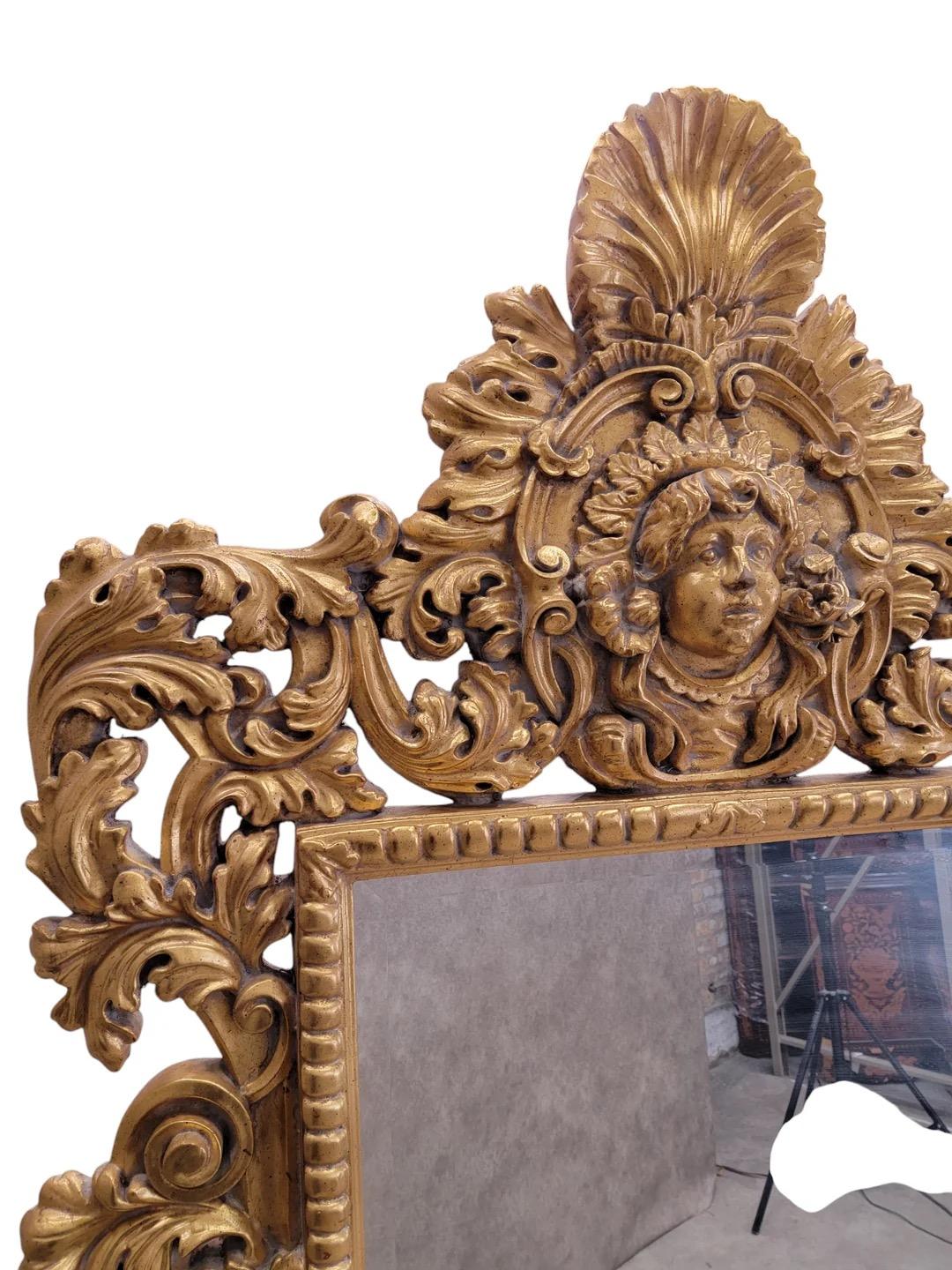 Giltwood Hollywood Regency Italian Versace Style Carved Gilded Figural Wall Mirror For Sale