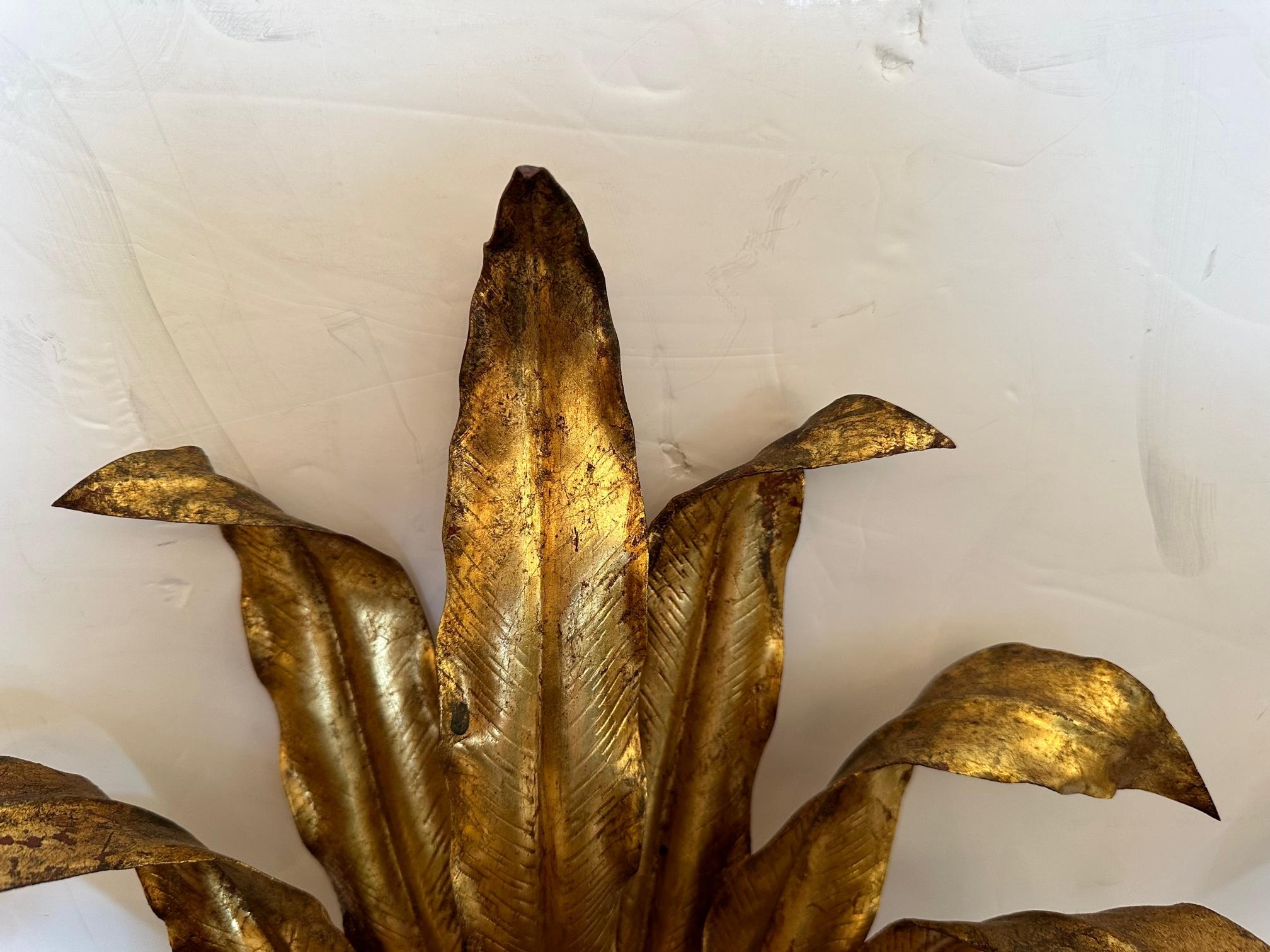 Hollywood Regency Italian Vintage Gilt Iron & Tole Palm Motif Wall Sconces For Sale 2