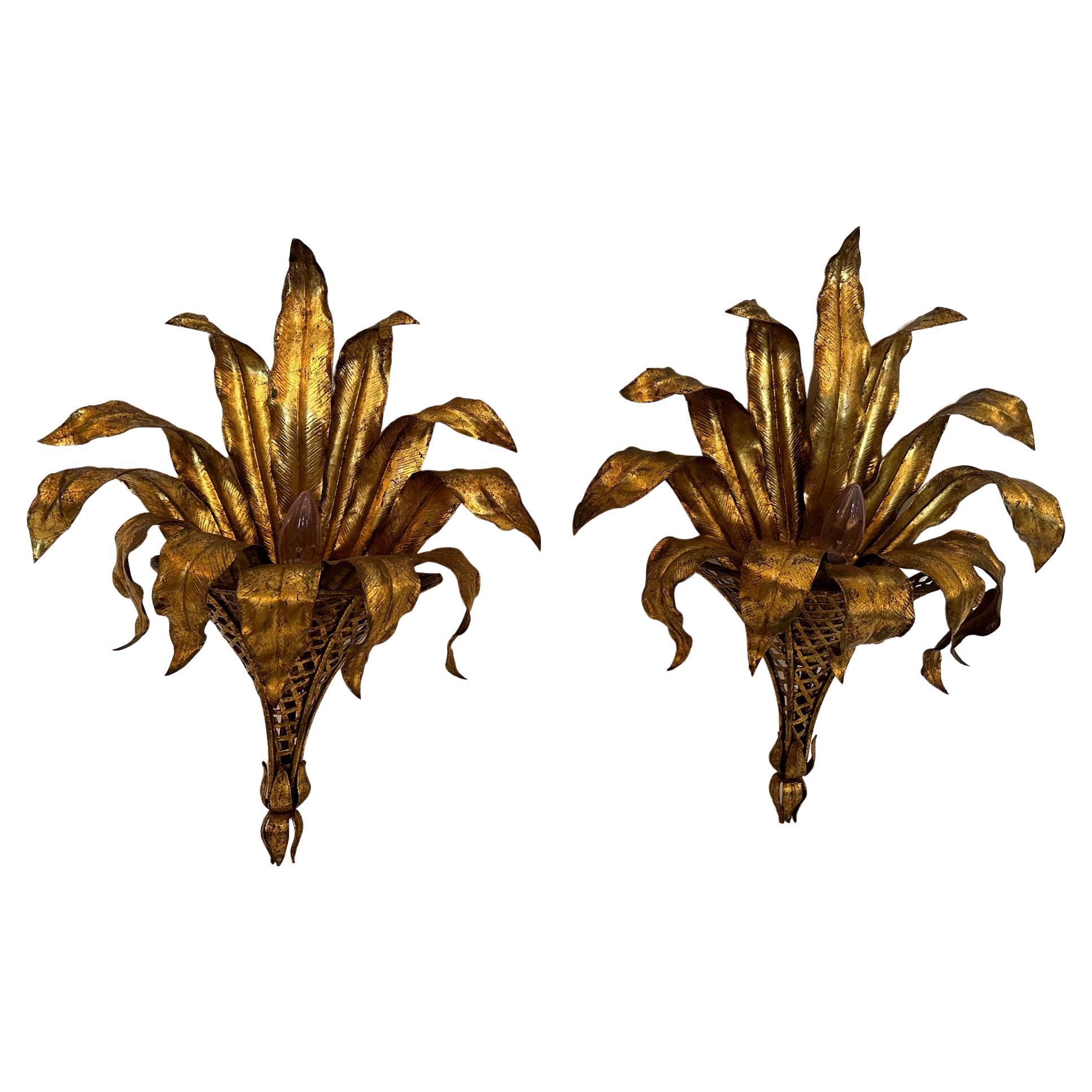 Hollywood Regency Italian Vintage Gilt Iron & Tole Palm Motif Wall Sconces For Sale