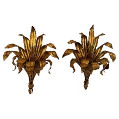 Hollywood Regency Italian Vintage Gilt Iron & Tole Palm Motif Wall Sconces