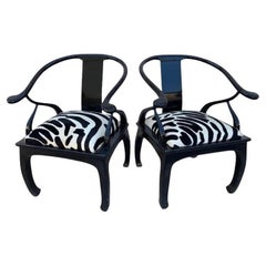 Hollywood Regency James Mont Style Horseshoe Chairs Upholstered in Cow Hide