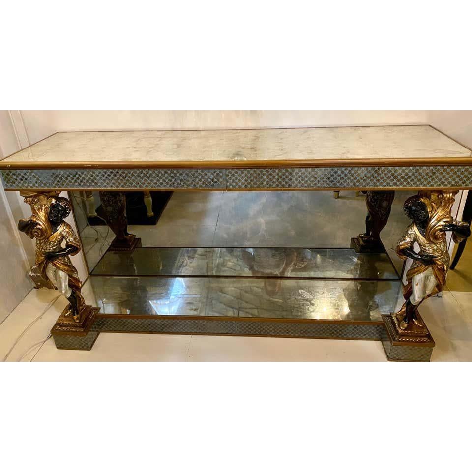 Mid-Century Modern Hollywood Regency Jansen Figural & Églomisé Console Table, Sofa/Sideboard Table