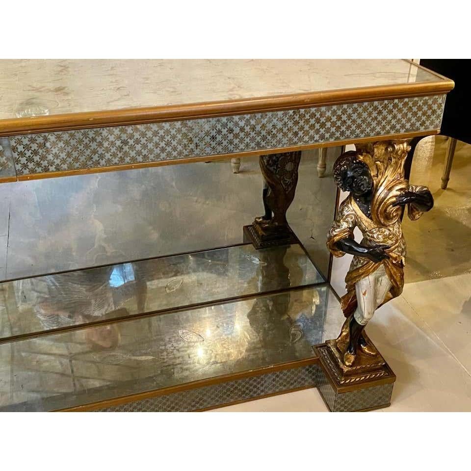 French Hollywood Regency Jansen Figural & Églomisé Console Table, Sofa/Sideboard Table