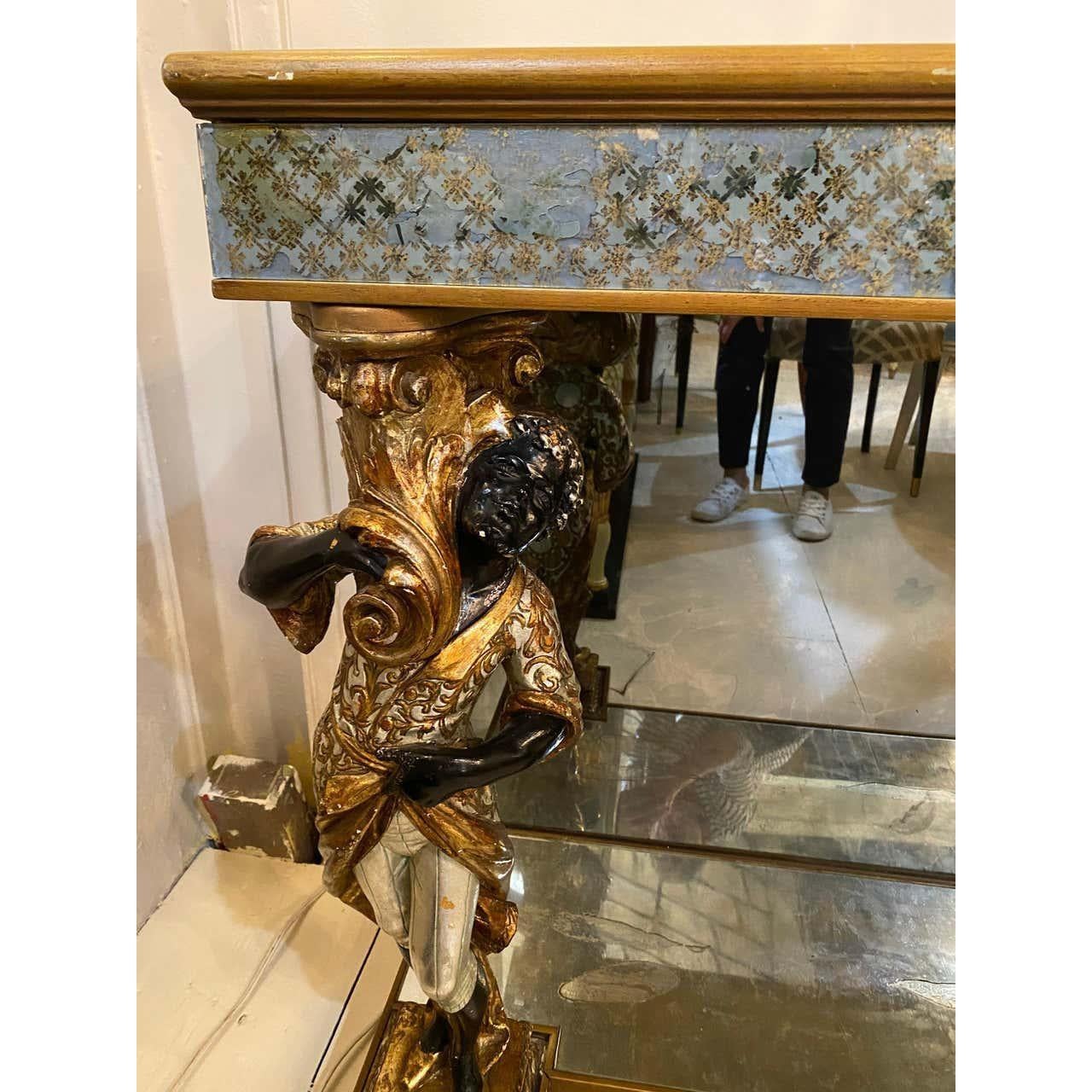 Hand-Painted Hollywood Regency Jansen Figural & Églomisé Console Table, Sofa/Sideboard Table