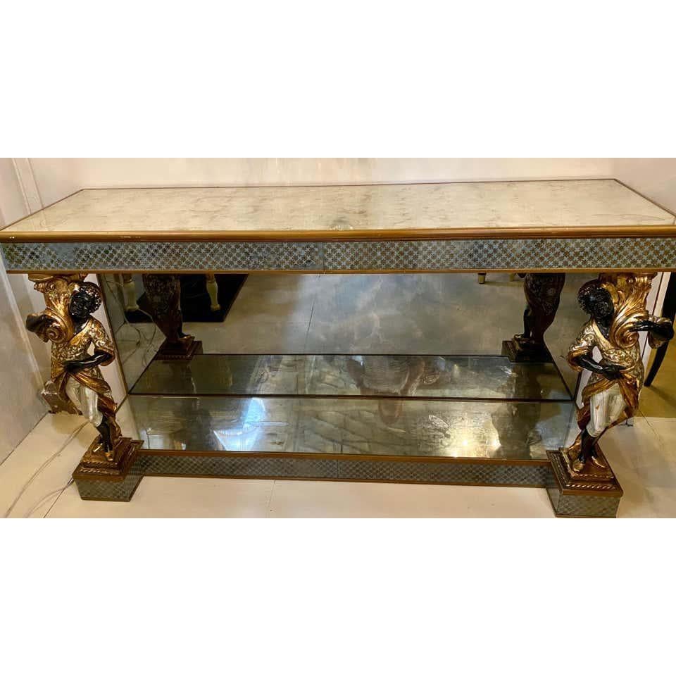 Hollywood Regency Jansen Figural & Églomisé Console Table, Sofa/Sideboard Table In Good Condition In Stamford, CT