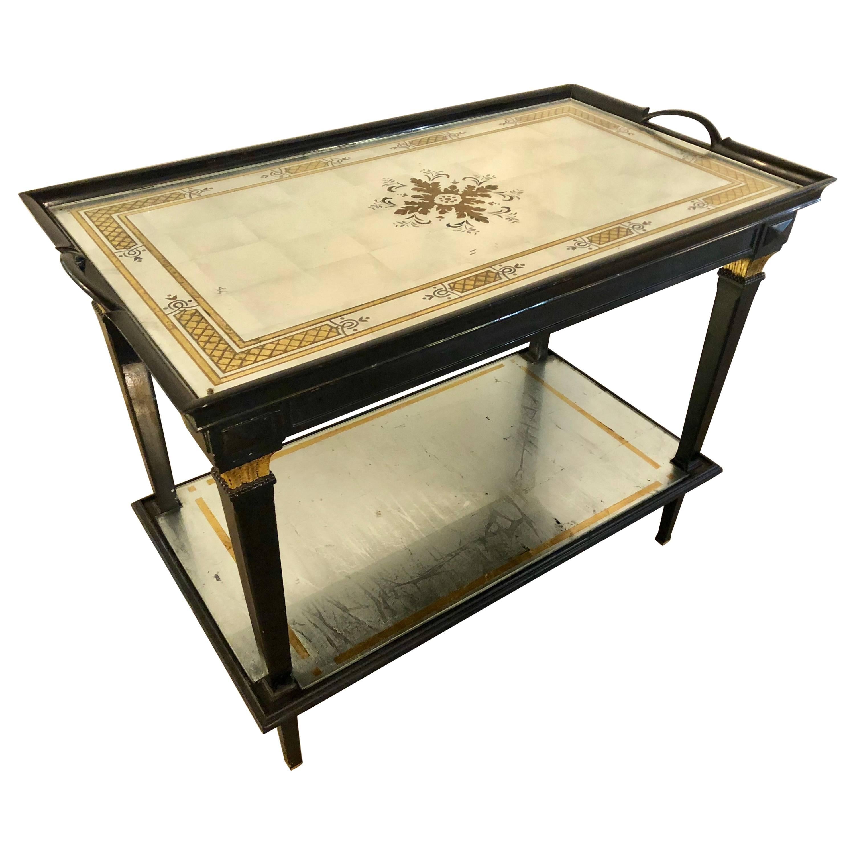 Hollywood Regency Jansen Mirrored Serving Cart with an Eglomise Tray Top