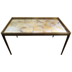 Hollywood Regency Coffee Table Jansen Paris Labeled Stamped Bronze Mirrored Top