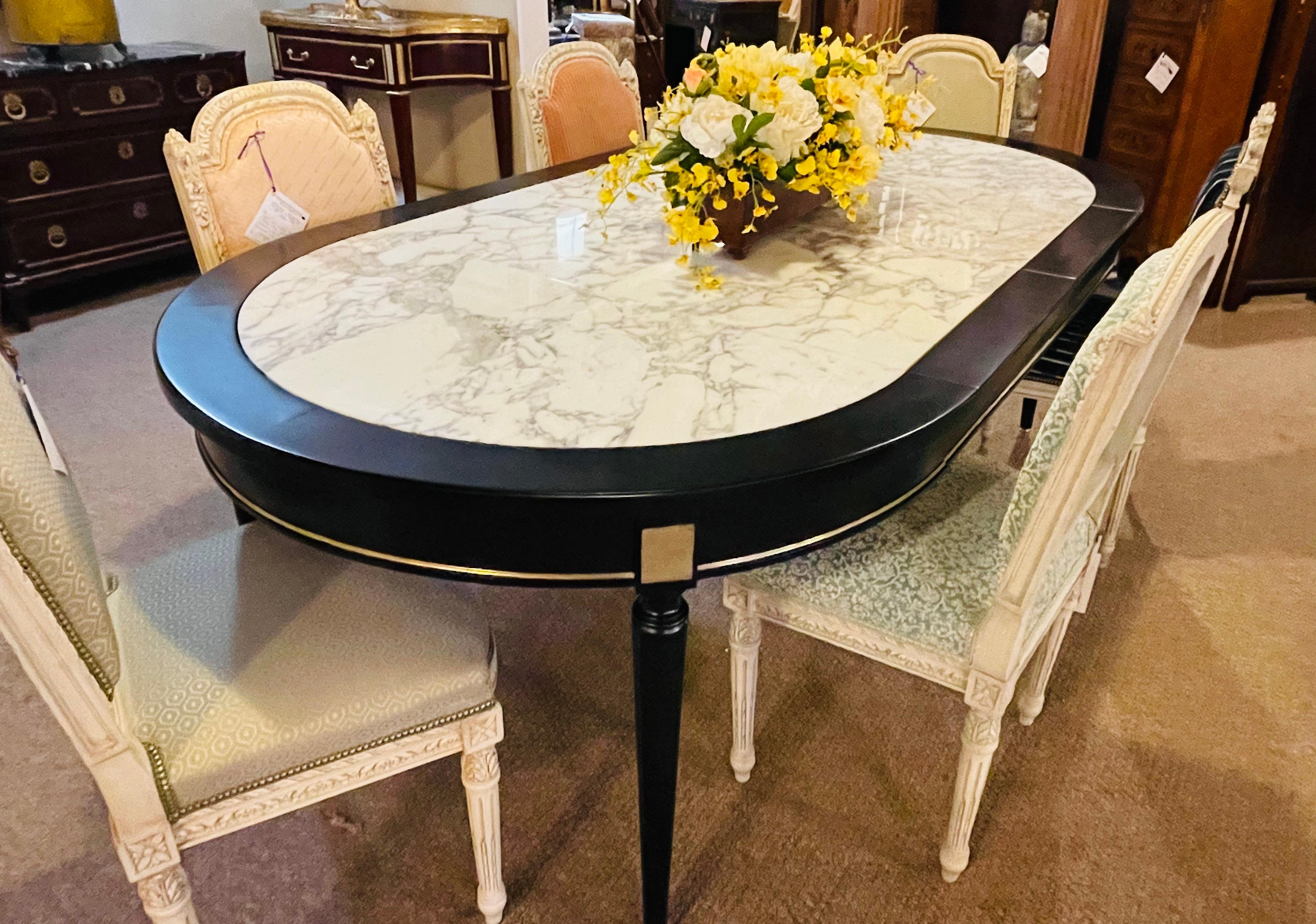 Hollywood Regency Jansen Style Ebony Center Dining Table Marble Top French en vente 4