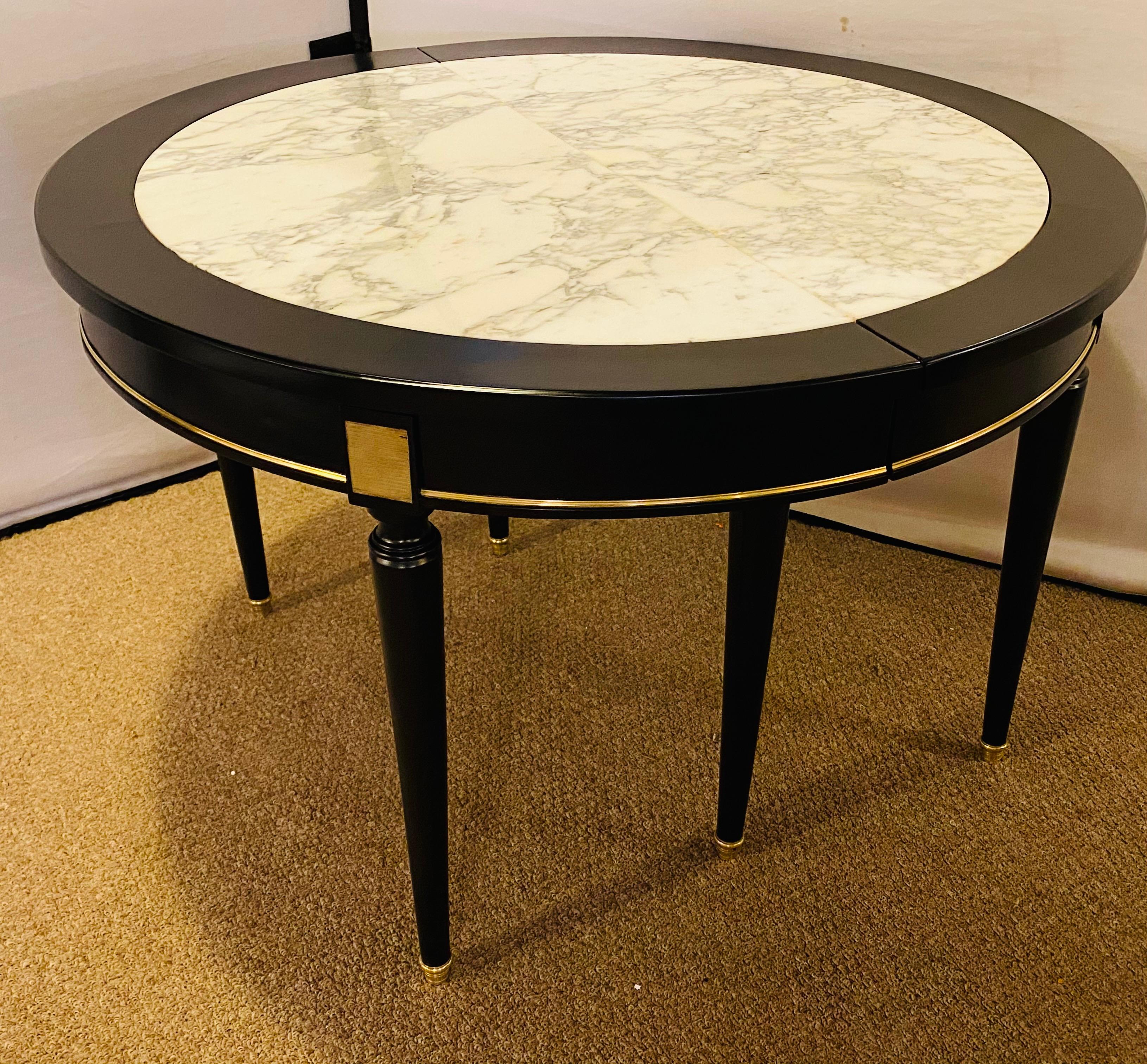 Painted Hollywood Regency Jansen Style Ebony Center Dining Table Marble Top French For Sale