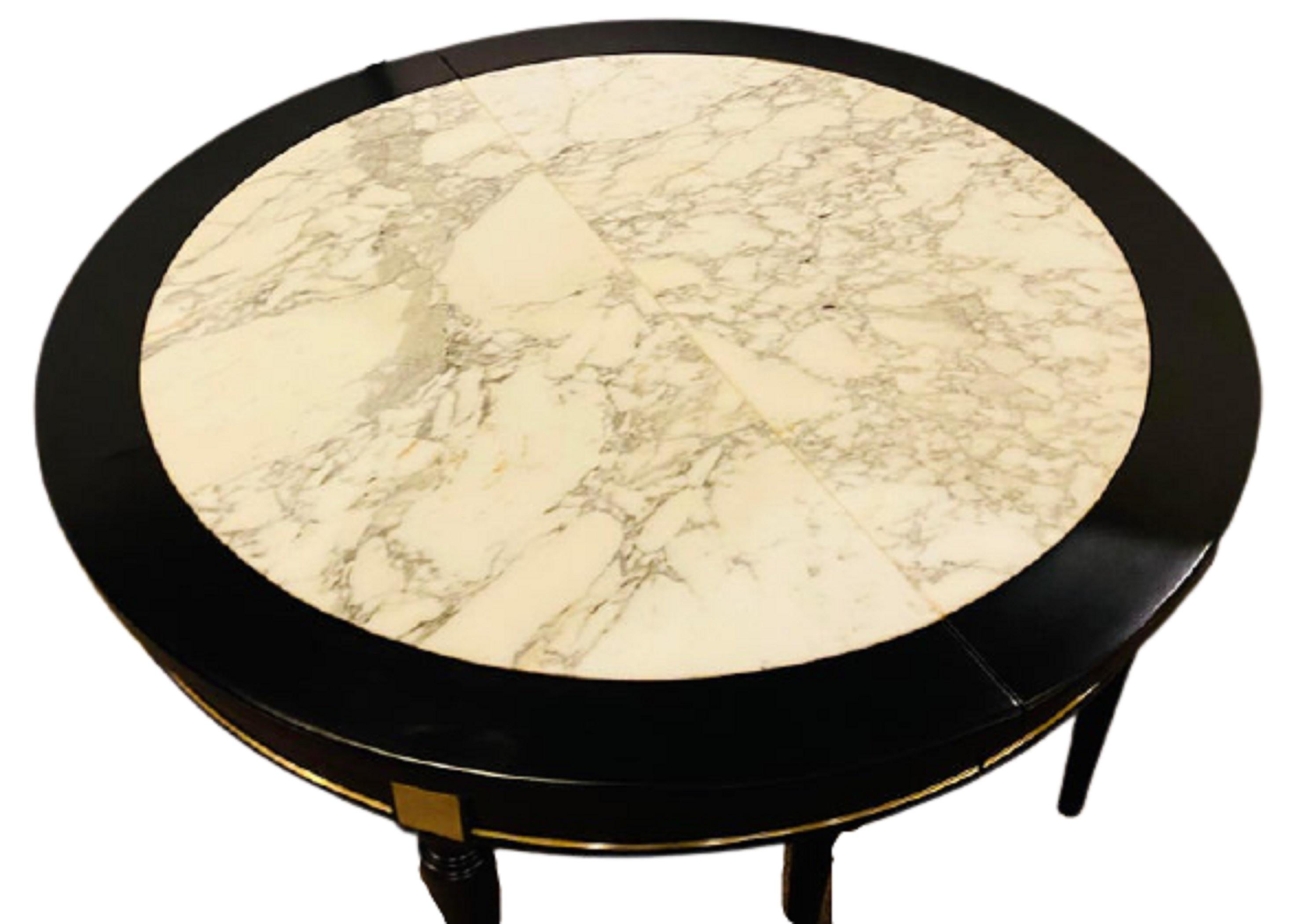 Hollywood Regency Jansen Style Ebony Center Dining Table Marble Top French In Good Condition For Sale In Stamford, CT