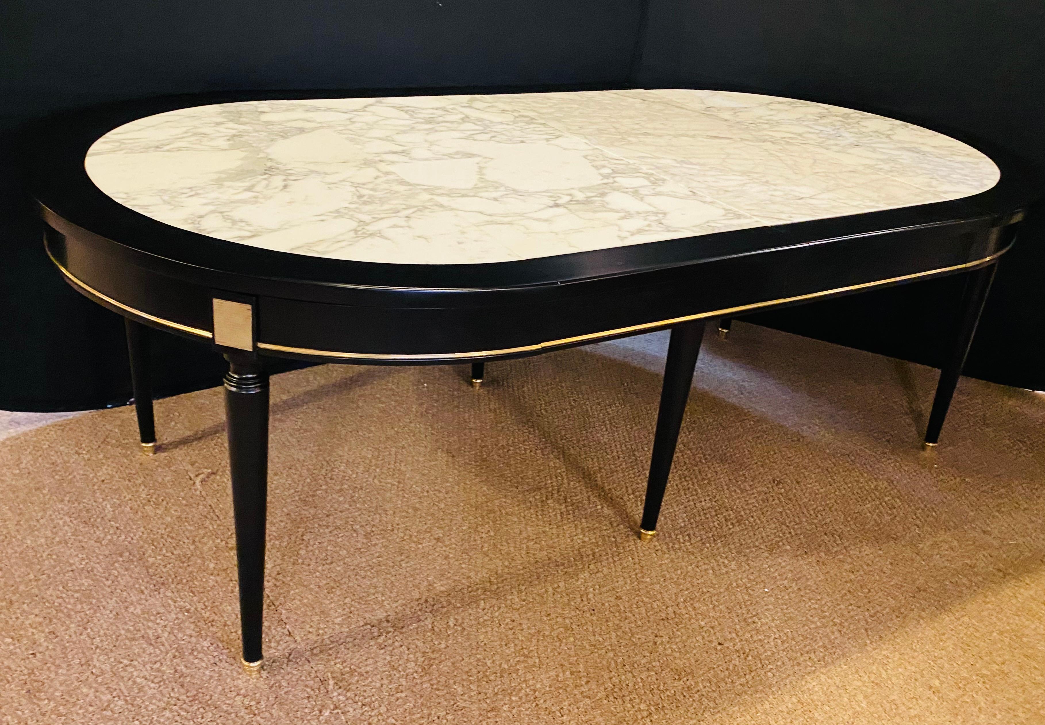 Carrara Marble Hollywood Regency Jansen Style Ebony Center Dining Table Marble Top French For Sale
