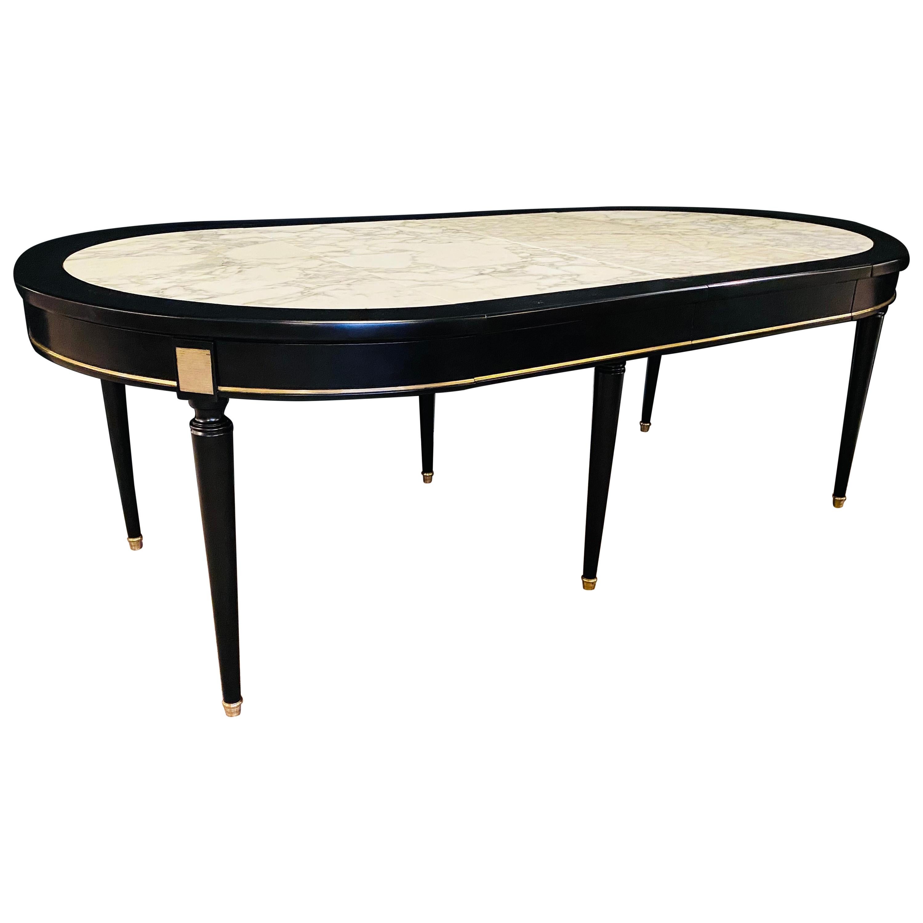Tavolo da pranzo centrale in ebano in stile Hollywood Regency Jansen con piano in marmo francese