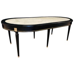 Hollywood Regency Jansen Style Ebony Center Dining Table Marble Top French