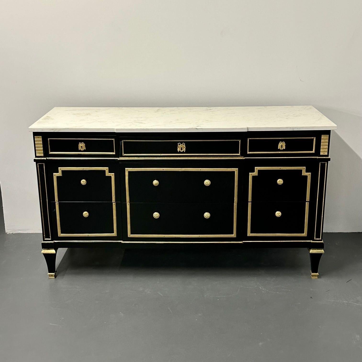 French Hollywood Regency Jansen Style Ebony Commode / Chest, Marble Top, Bronze Mounted