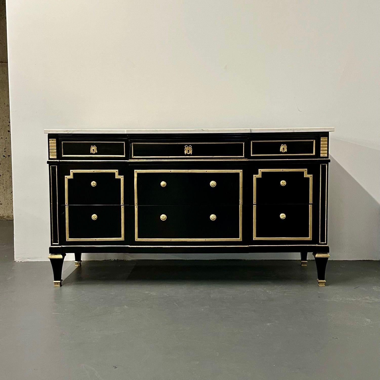 Hollywood Regency Jansen Style Ebony Commode / Chest, Marble Top, Bronze Mounted In Good Condition In Stamford, CT