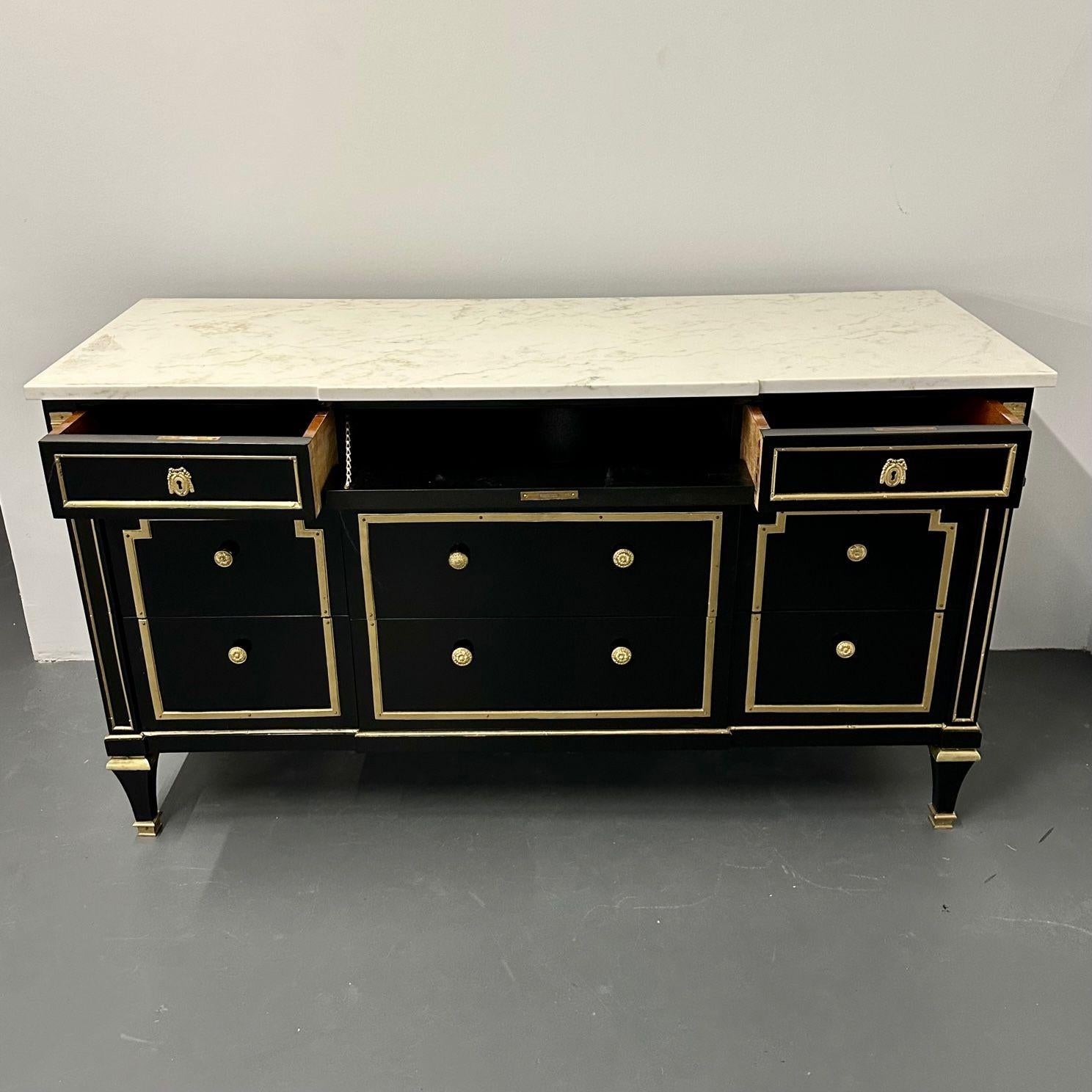 20th Century Hollywood Regency Jansen Style Ebony Commode / Chest, Marble Top, Bronze Mounted