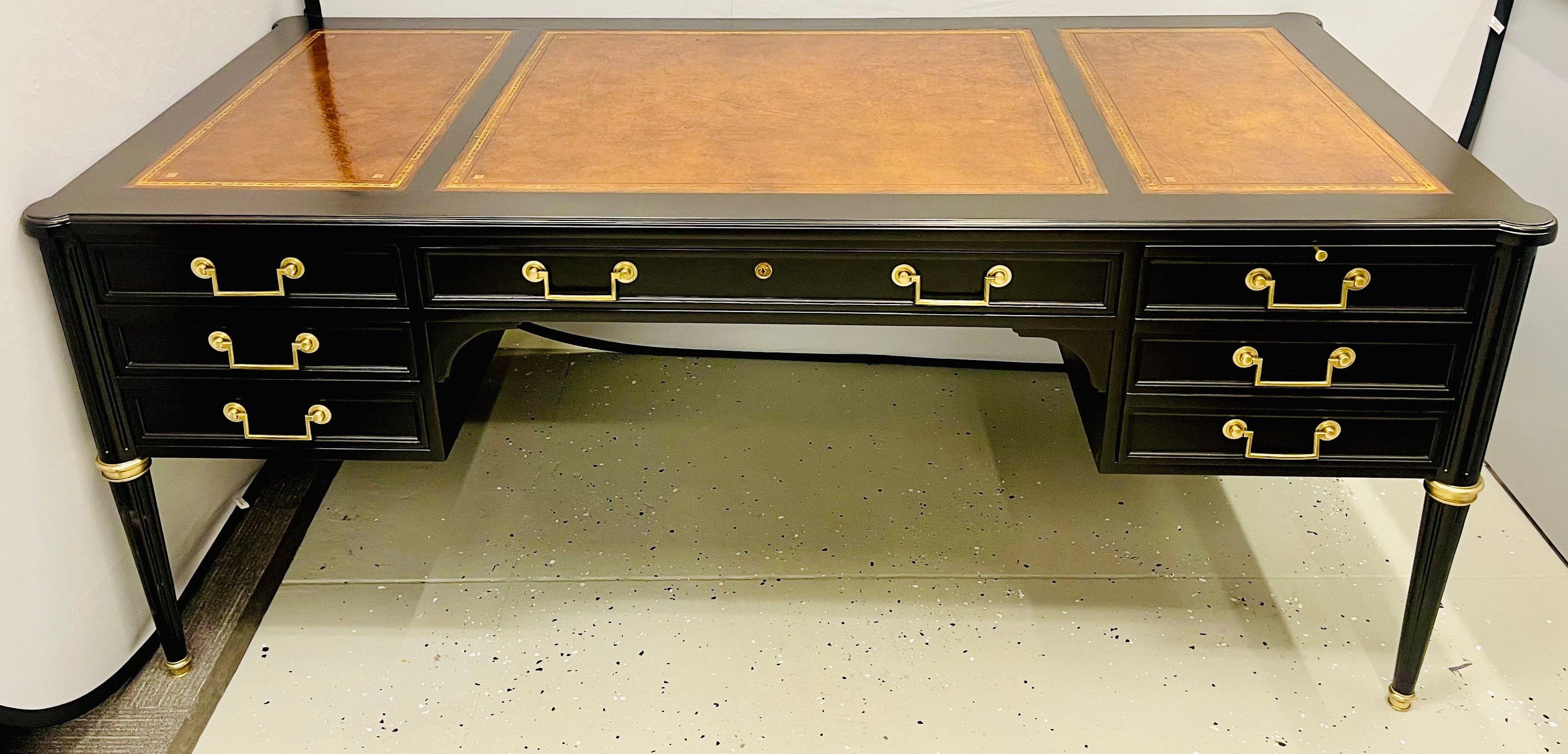 20th Century Hollywood Regency Jansen Style Ebony Desk, Writing Table, Louis XVI, Bronze