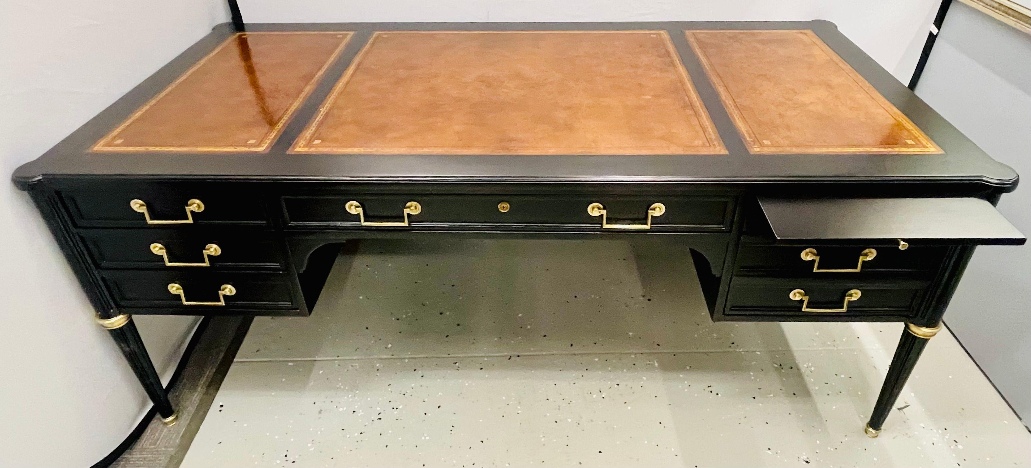 Wood Hollywood Regency Jansen Style Ebony Desk, Writing Table, Louis XVI, Bronze